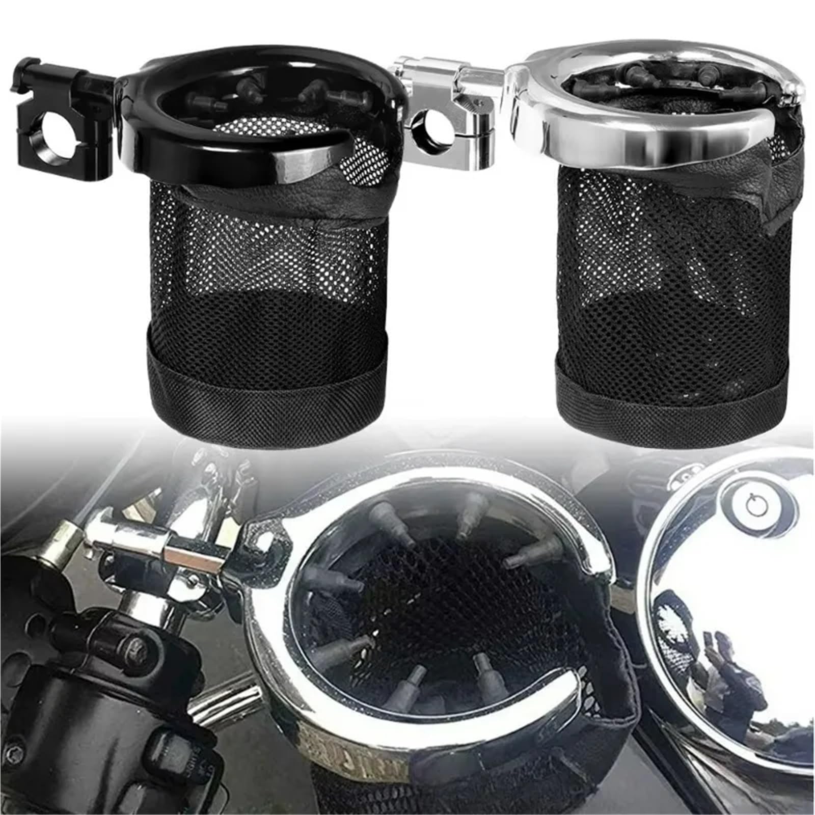 Soporte para vasos de moto Portavasos cromado para manillar de motocicleta Compatible con Harley Sportster Fatboy Dyna Softail Touring Road King (25 mm/22 mm) Soporte para bebidas de moto(Chrome 25mm)