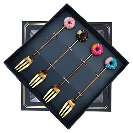 UFRITAN 4 Pack Stirring Forks, Cute Doughnut Fork, Stainless Steel Little Dessert Fork, 5.5'' Mini Donut Ice Cream Fruit Cake Fork for Flatware Tableware Kitchen Tools, Dishwasher Safe
