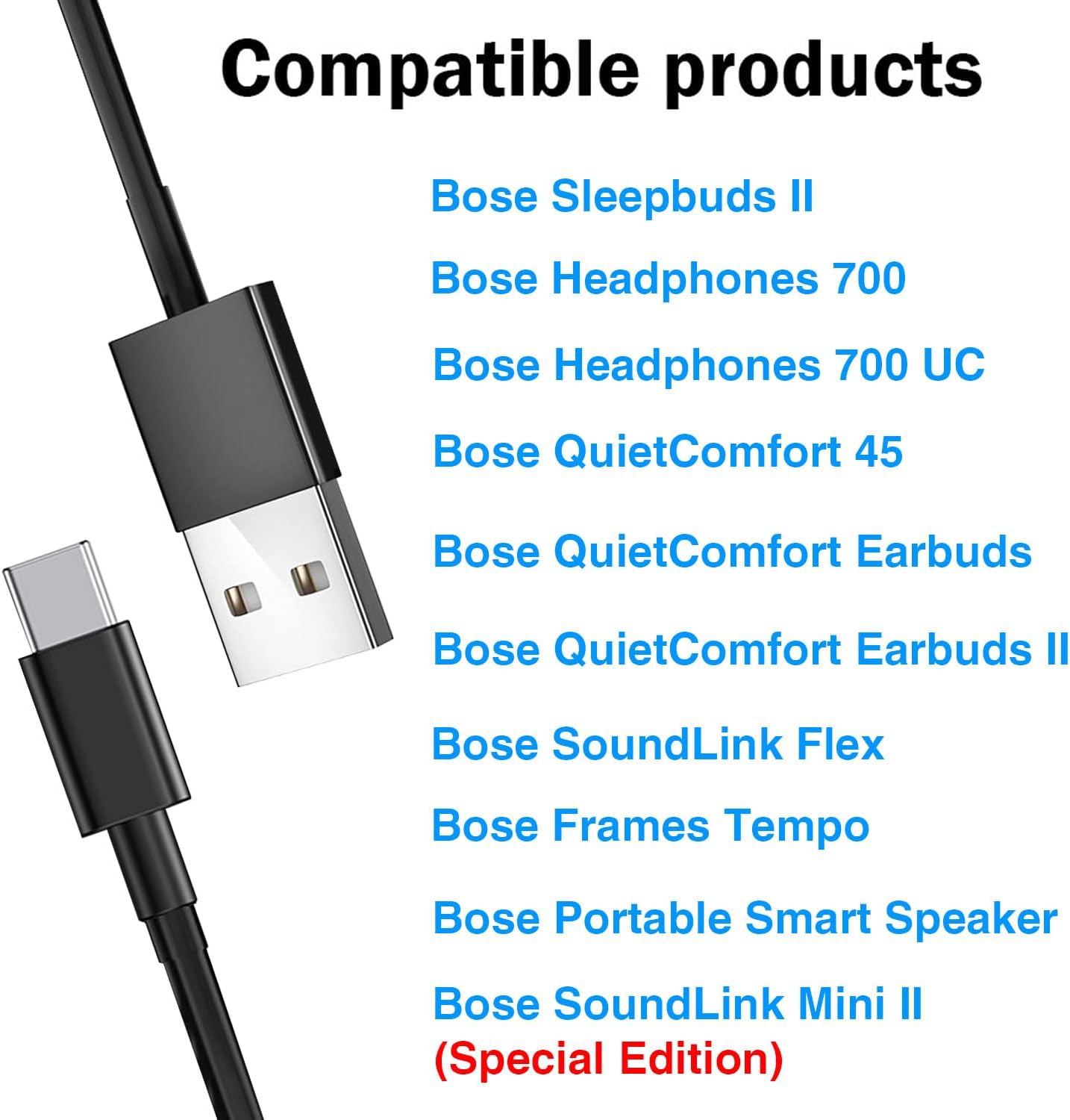 USB C Wall Charger Cable for Bose QuietComfort Ultra, Bose Headphones 700, Soundlink Mini II Special Edition Speaker, QuietComfort 45, SoundLink Flex, Sleepbuds 2, Bose Sport Earbuds Charging Cord - Image 4