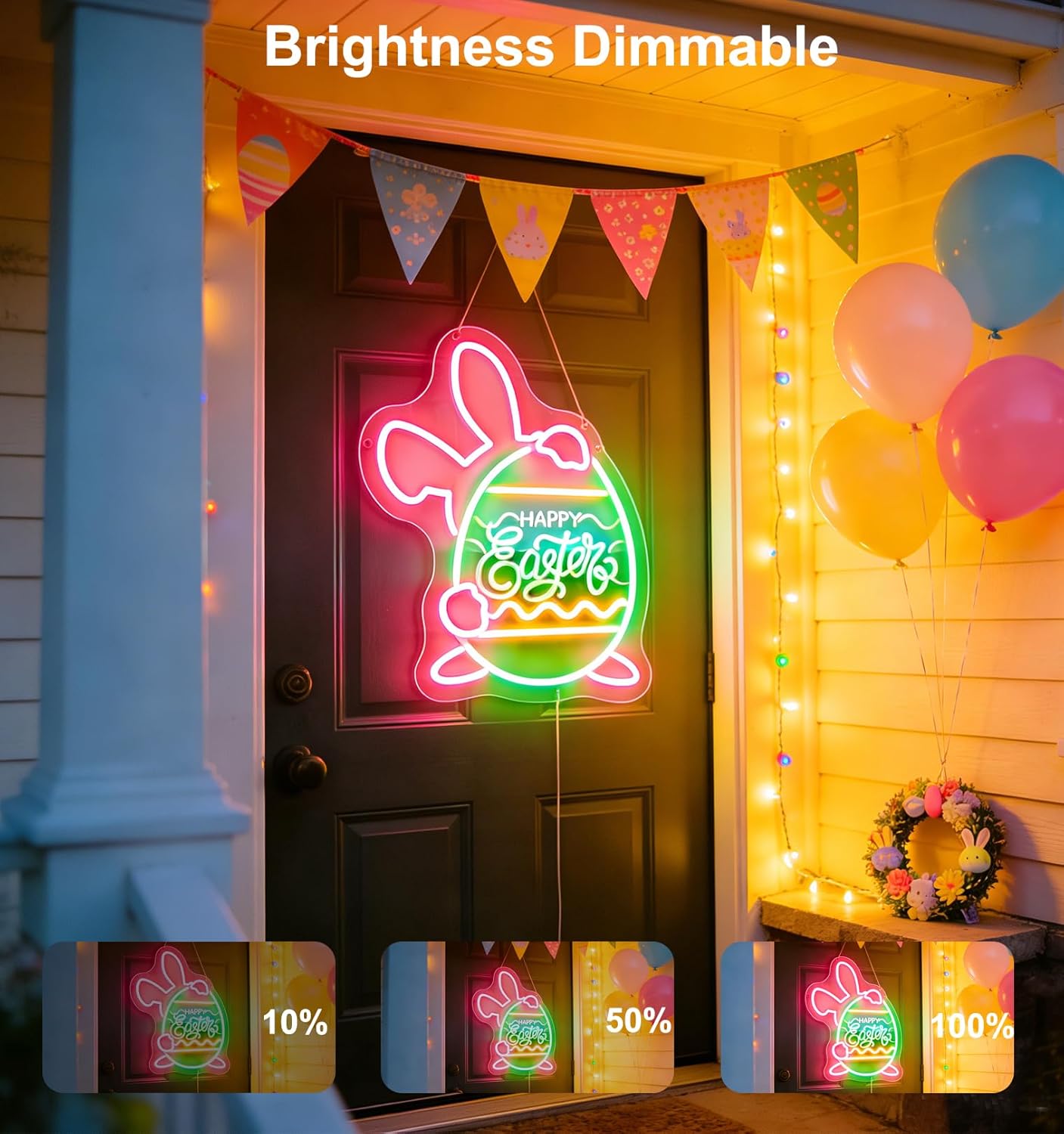 Easter Bunny Egg Neon Signs for Wall Decorations, LED Happy Easter Rabbit Gifts Light Sign Wall Art USB Dimmable, Colorful Neon Window Lights for Bedroom Door Office Bar Spring Party Church Yard