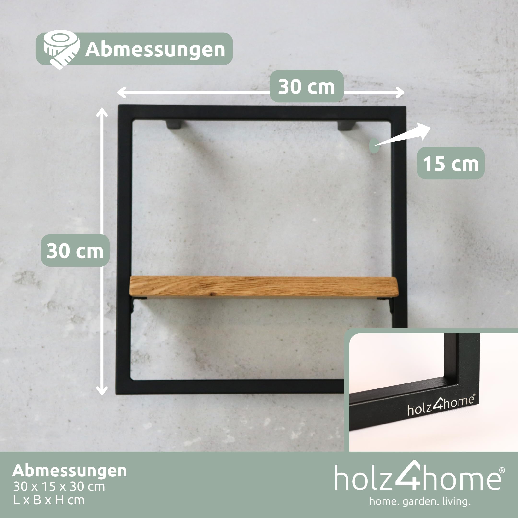 holz4home® 4-teiliges Wandregal Set I Eichenholz Schwarz gerahmt I Mit Baumkante, Natur geölt I Inkl. Befestigungen aus Stahl für Schweberegal Industrial Flair