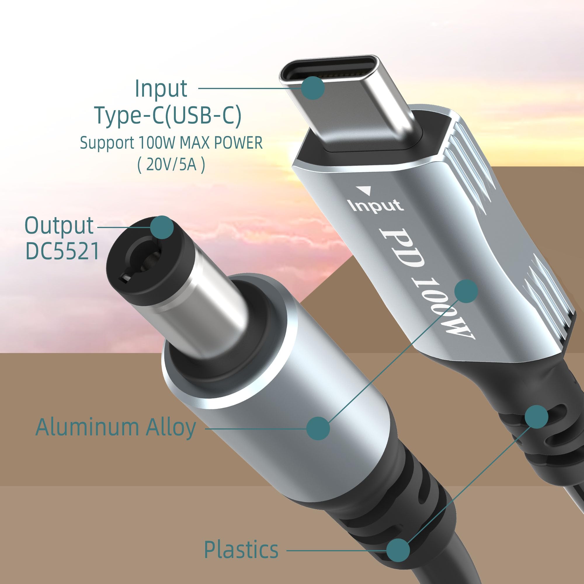 Kabel zasilający USB C na DC 5,5 mm x 2,1 mm, wejście USB C do DC5521 20 V 5 A, współpracuje z ładowarką PD i power bankiem PD