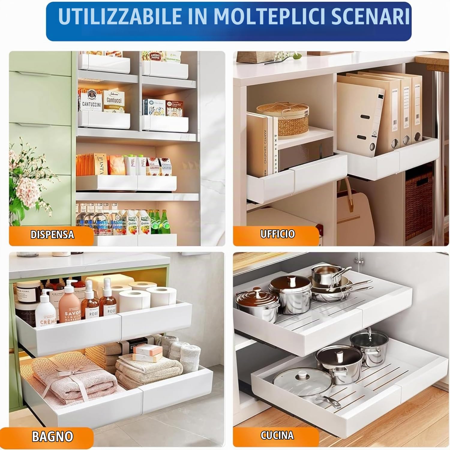 NEWFUN Cassetti Estraibili Per Cucina，Cassetto Estraibile Per Dispensa，Larghezza Regolabile Da 32 a 53 CM Con Guida Autoadesiva Silenziosa,Non Richiede Forature Né Chiodi，Set Da 2 Organizer