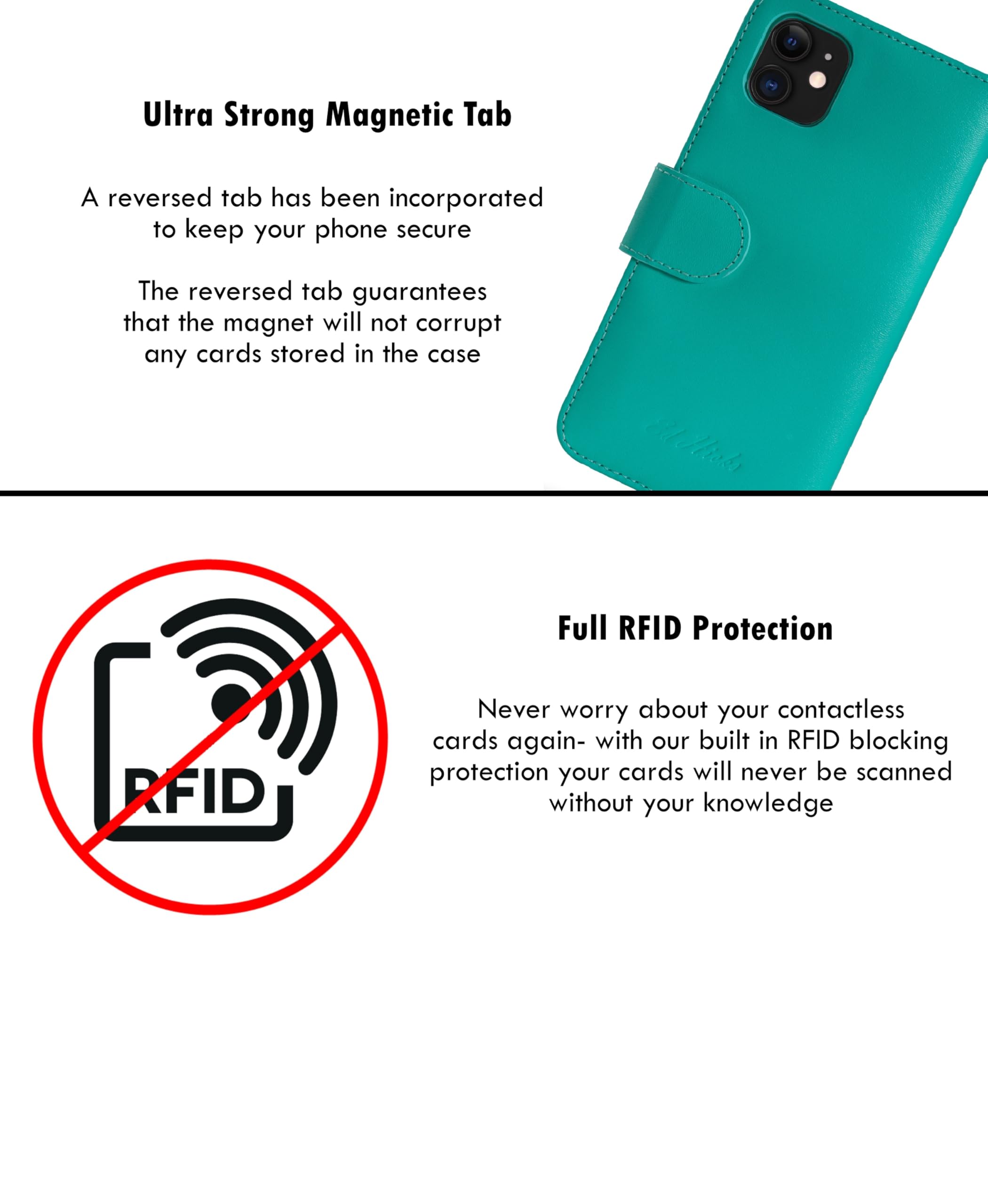 Ed Hicks Funda de piel azul para iPhone 16e — Funda de piel auténtica con tapa – Ranuras para tarjetas con bloqueo RFID, soporte de visualización – Soporte biodegradable a prueba de golpes – Azul