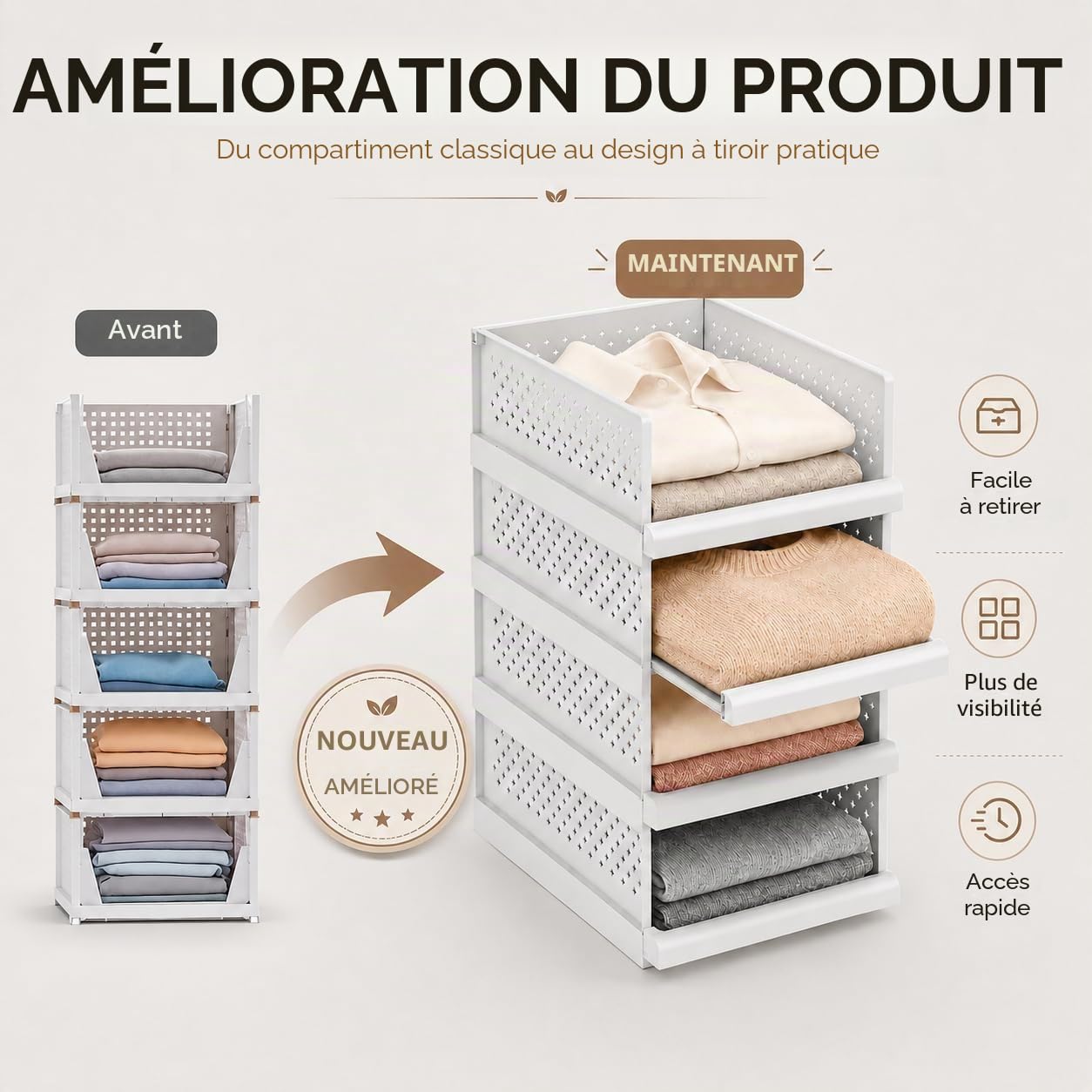 RMAN® Lot de 4 Rangement Vetement Plastique Organisateur Armoire Vetement
