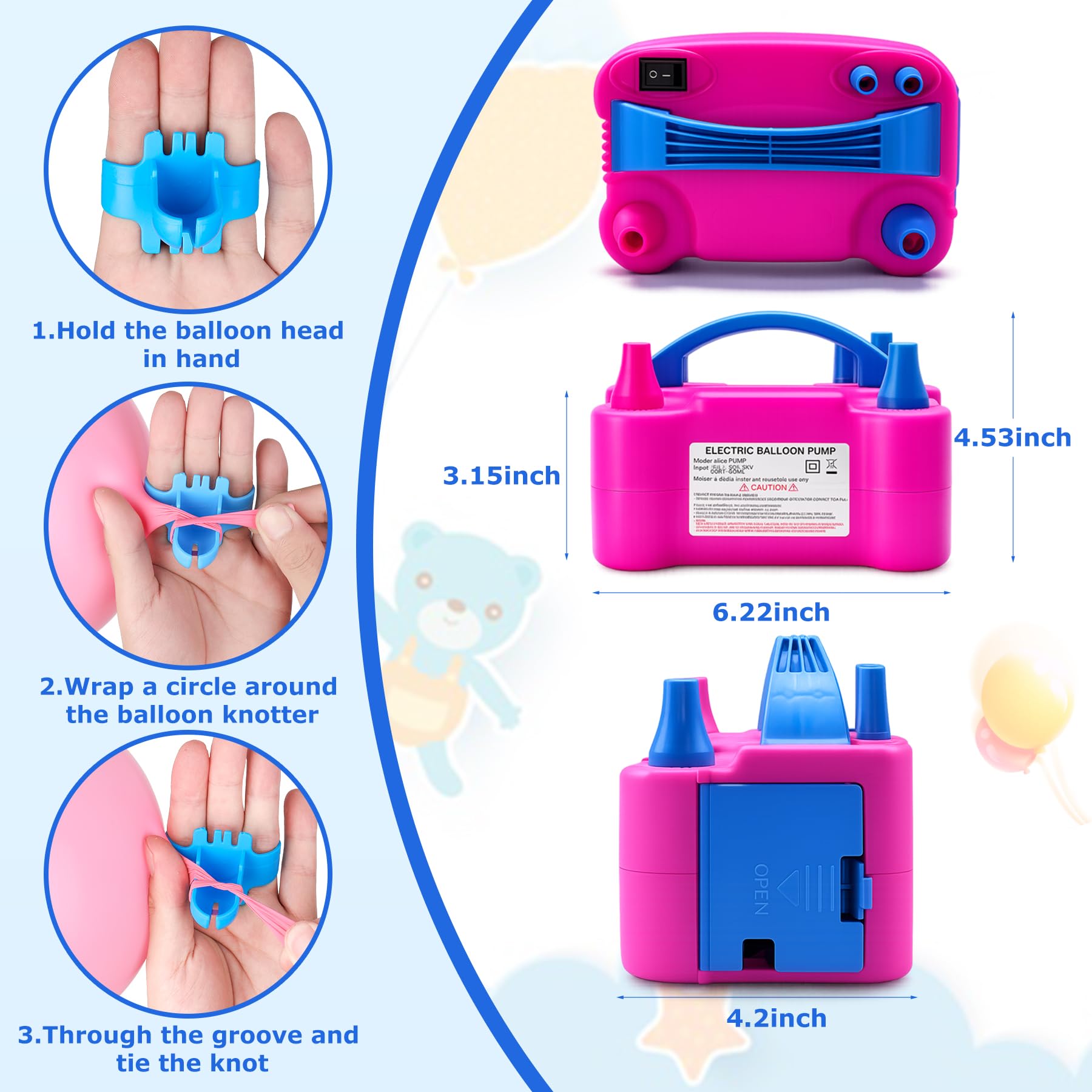 Balloon Pump Electric with Dual Nozzles & Tying Tool - Portable Inflator for Party Balloons, Gender Reveal, Baby Shower, Holidays - 3