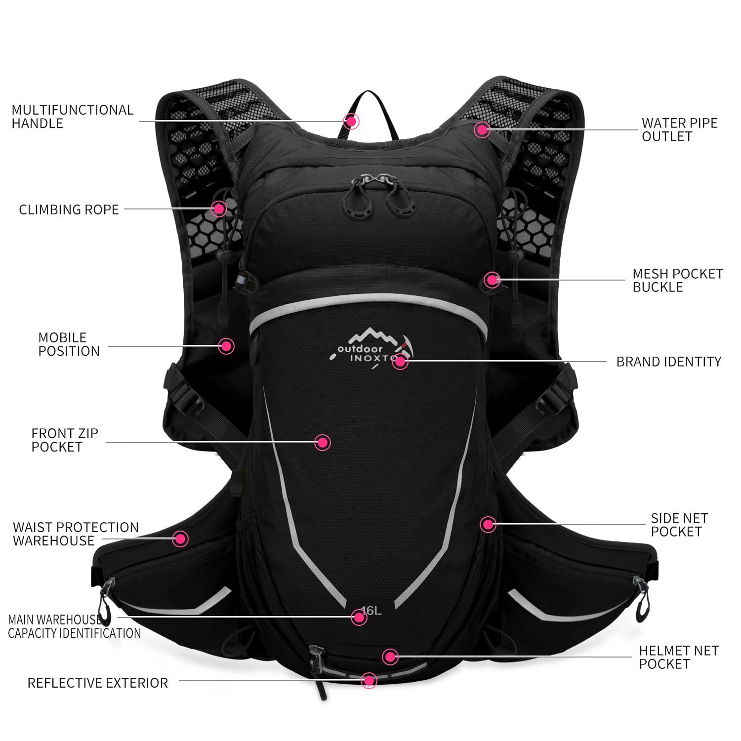 INOXTO Sac à dos d'hydratation de 16 l avec poche à eau gratuite de 2 litres, le sac d'hydratation léger pour le cyclisme, la randonnée, le ski, la neige pour homme et femme (noir)