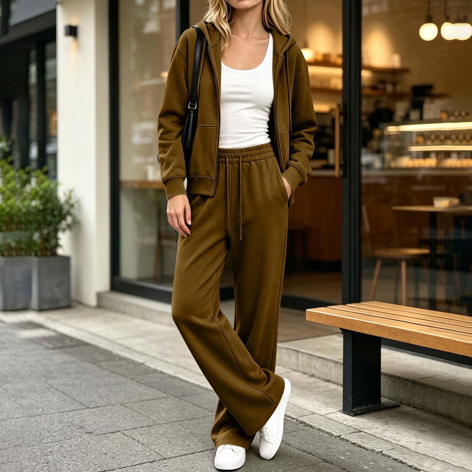 Tuta da donna, set da 2 pezzi con cappuccio e pantaloni della tuta a maniche lunghe con cerniera e pantaloni della tuta sottili foderati in pile casual set da salotto tuta da allenamento per palestra