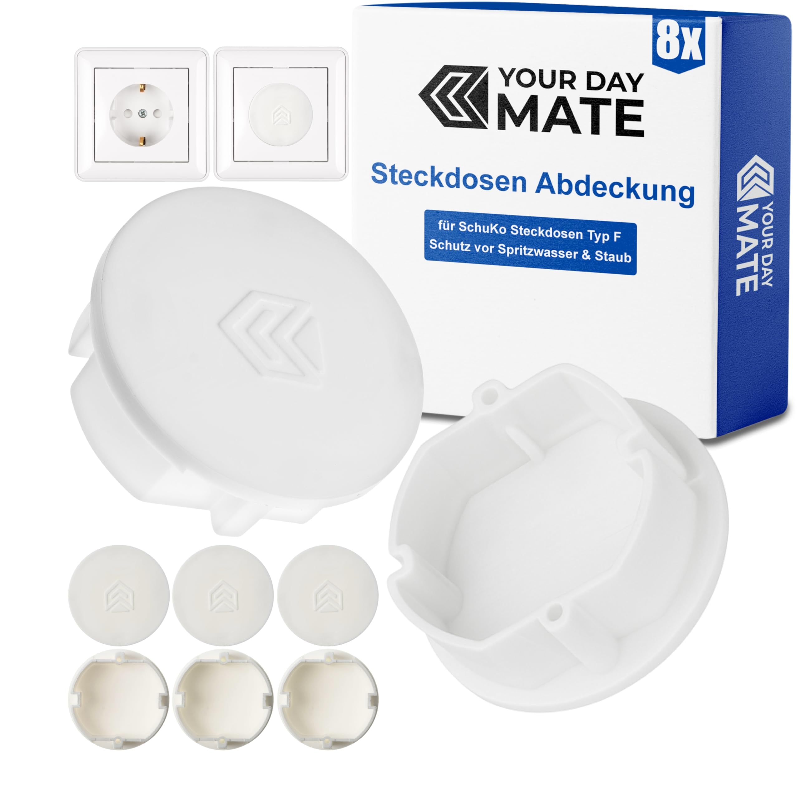 Steckdosen Abdeckung, 8 Stück, in Weiß, Steckdosenschutz vor Staub, Spritzwasser, für SchuKo Buchse Typ F, Deckel Kappe für Steckdosenleiste, Mehrfachsteckdose, Kabeltrommel, Küche, Werkstatt, Hotel