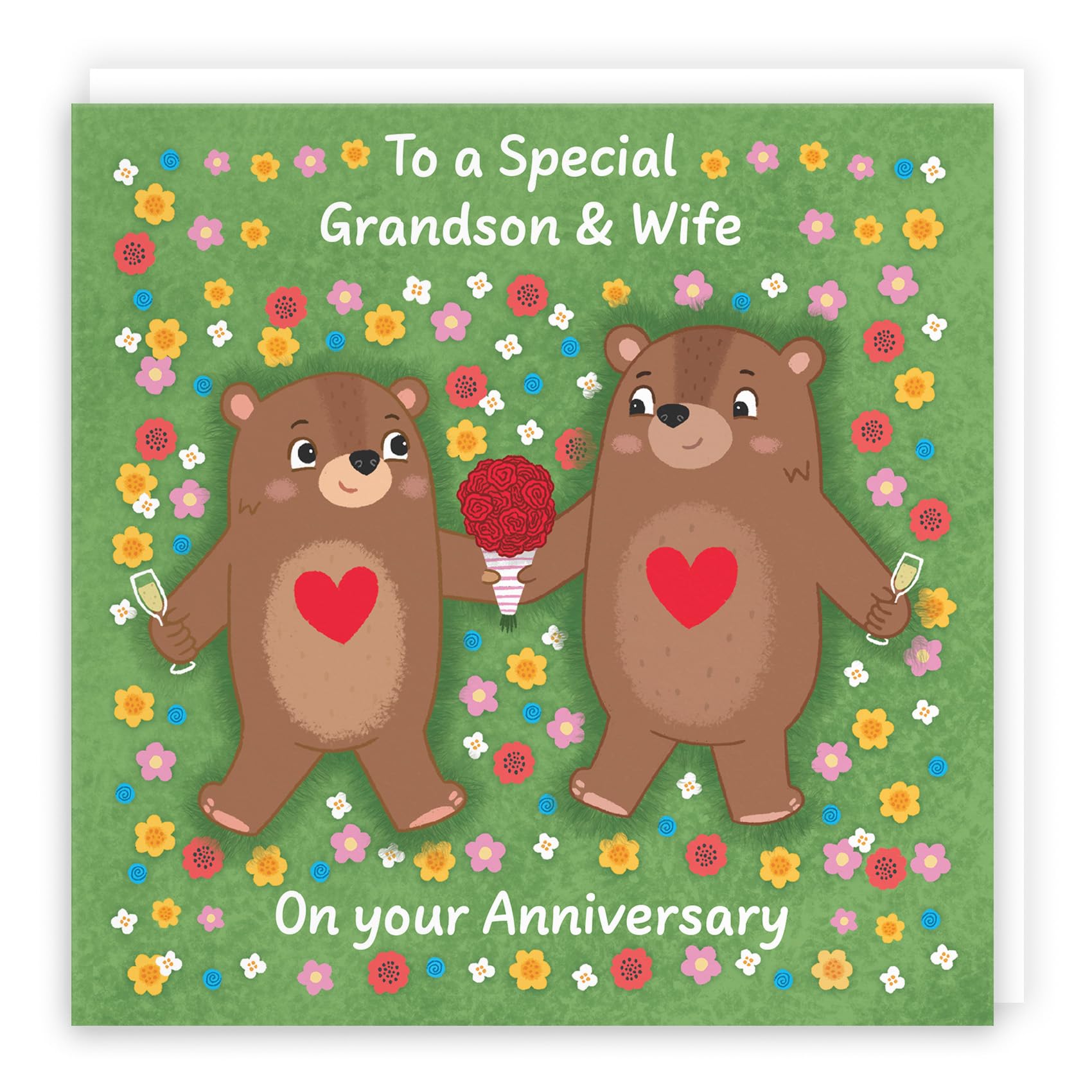 Hunts England - Cute Flowery Bears Grandson And Wife Anniversary Card - Fun Bears Anniversary Card - Love Story Collection