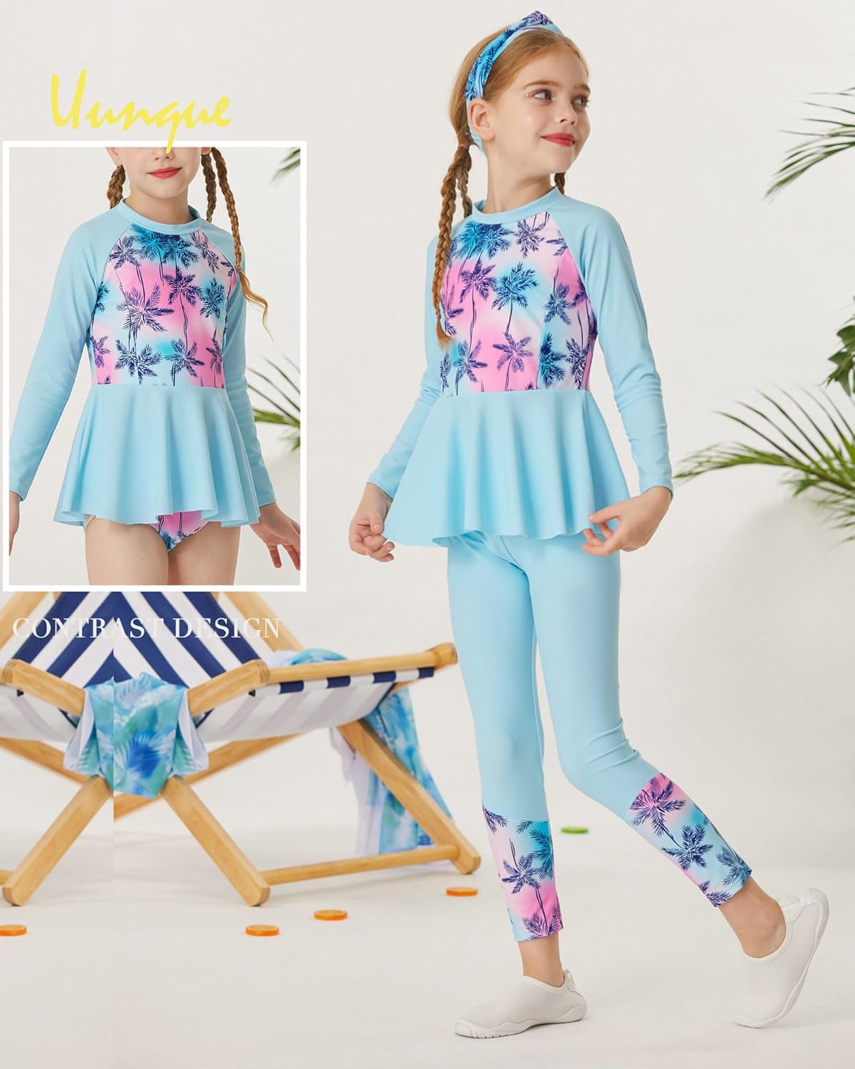 GRACE KARIN Girls Long Sleeve Swimsuit Mermaid Bathing Suit Rash Guard Swimwear 4 Piece Size 5-12 - Image 3