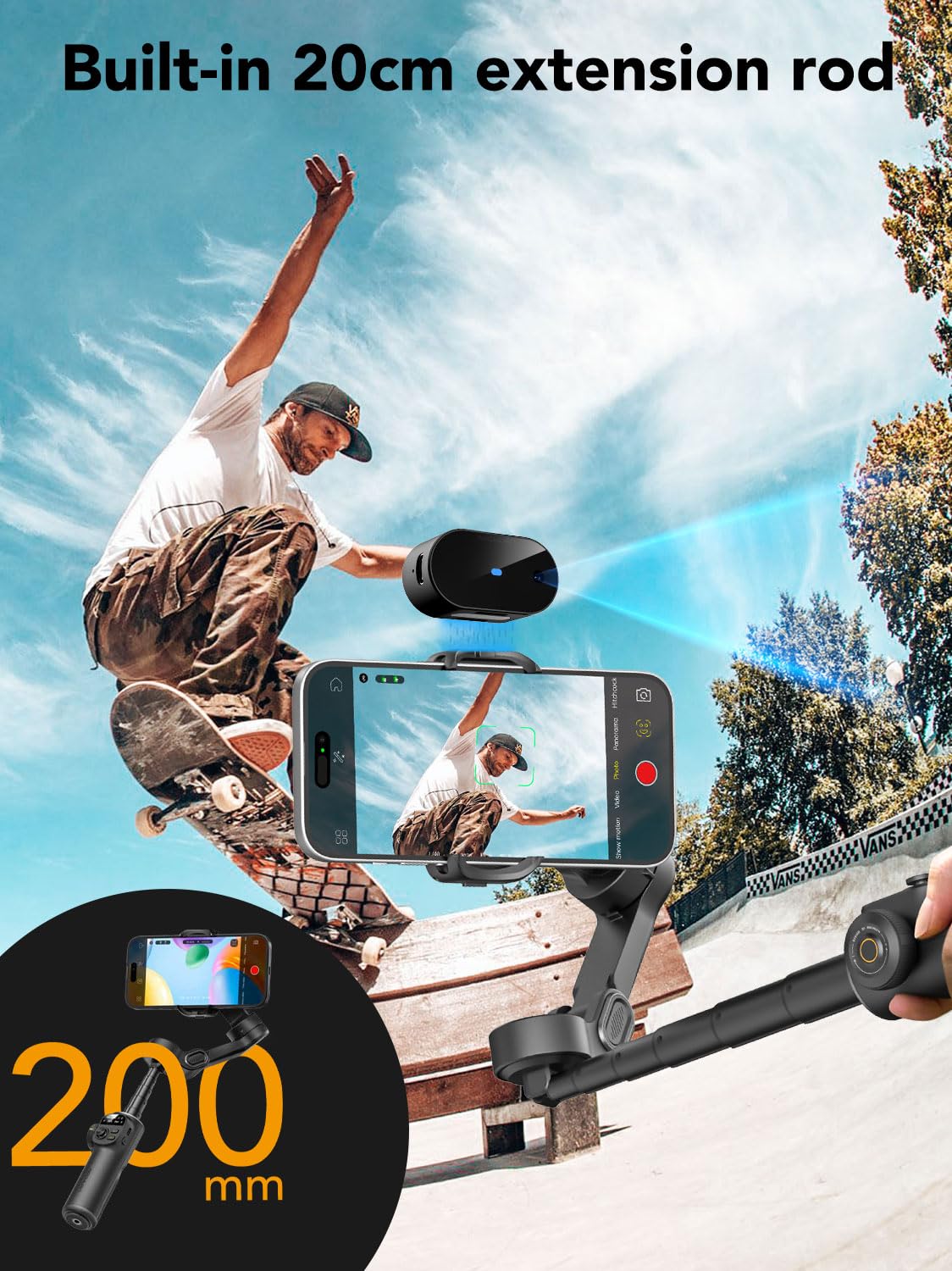 AOCHUAN Stabilizator Gimbal do smartfona, NIE APP Tracking, 20 cm pręt przedłużający, stabilizator do śledzenia twarzy i obiektów do iPhone'a i Androida, 3-osiowy gimbal OLED do nagrywania wideo