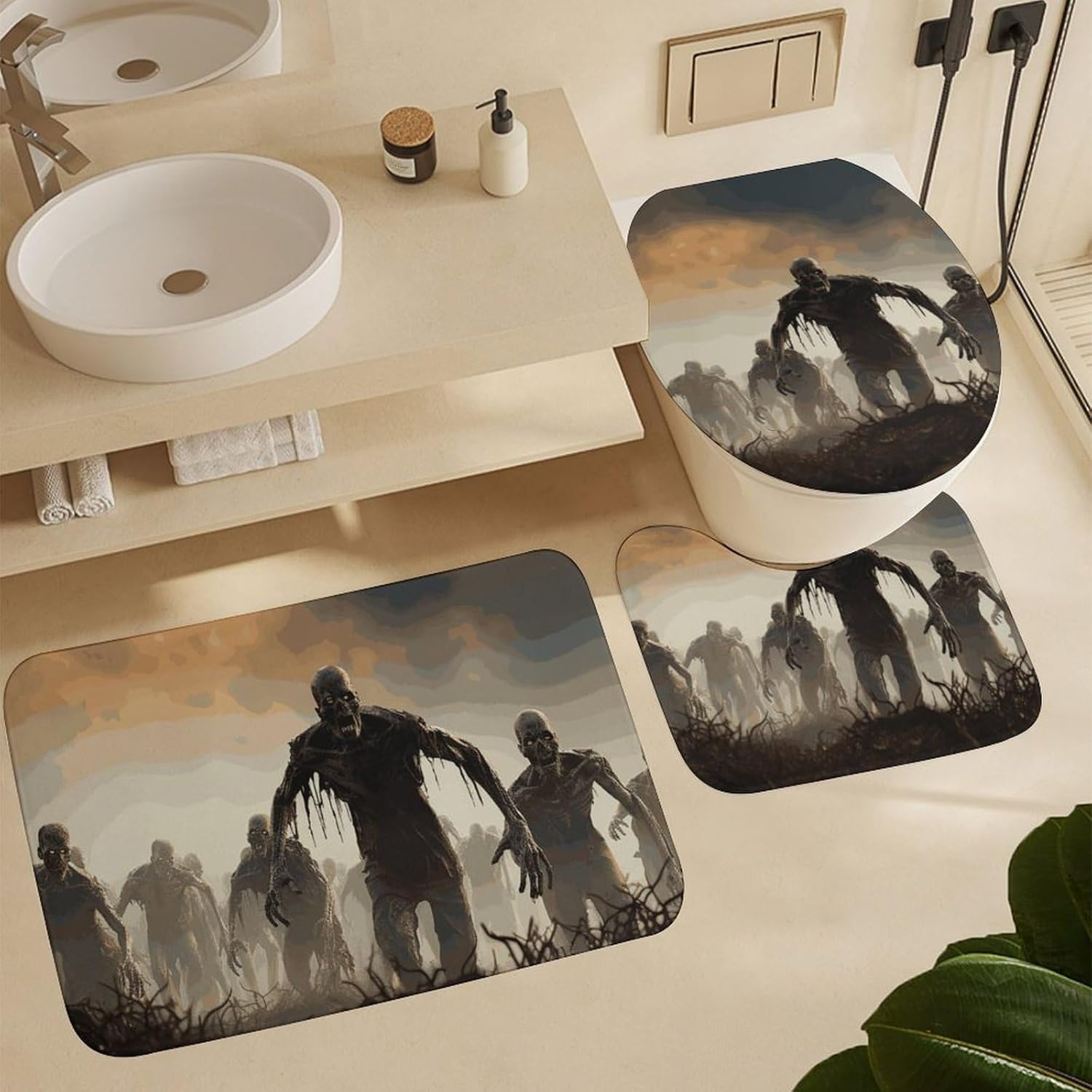 Many Zombie Shower Curtain Set 4 Piece, Non-Slip Bath Mat with Toilet Lid Cover and Waterproof Shower Curtain with 12 Hooks, Complete Bathroom Set for Home Decor