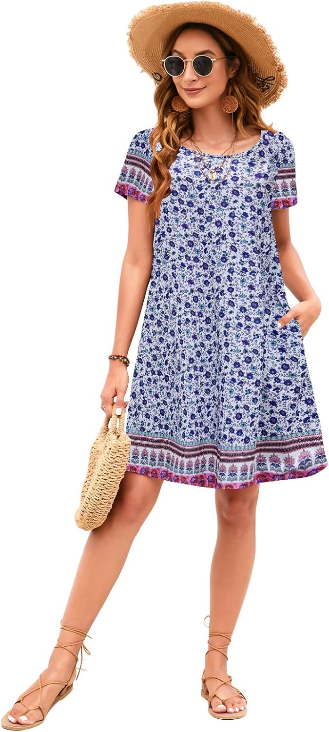 Sherosa Women's Summer Dresses 2026 Beach Boho Floral Sundress Short Sleeve Loose Casual Tshirt Dress with Pockets - Image 4