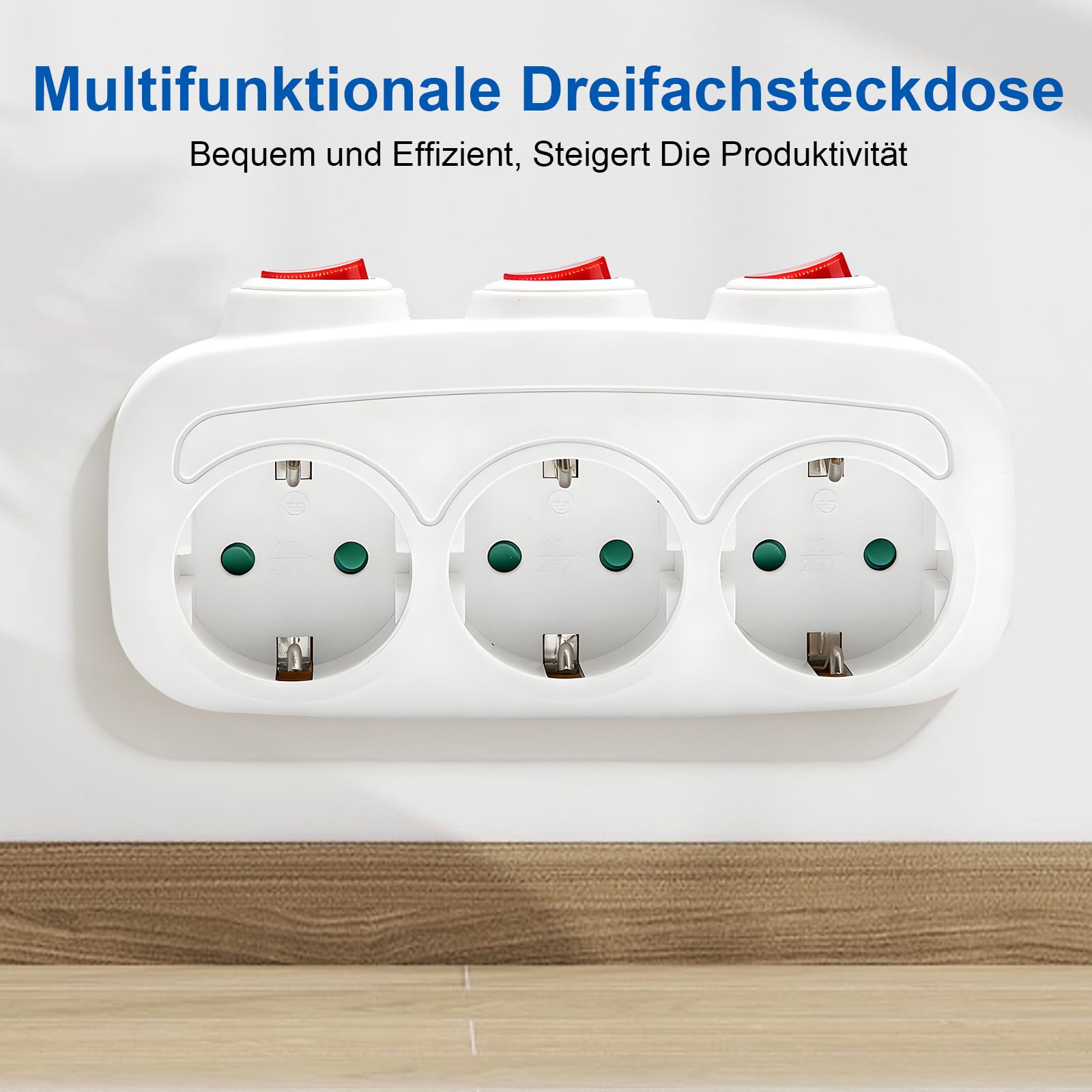 3-Fach Steckdosenleiste mit einzeln Schalter,16A/250V 3680W Steckdosenadapter mit Mehrfachstecker für Steckdosen - Mehrfachsteckdose mit Kindersicherung für Küche,Büro oder Heim,Weiß