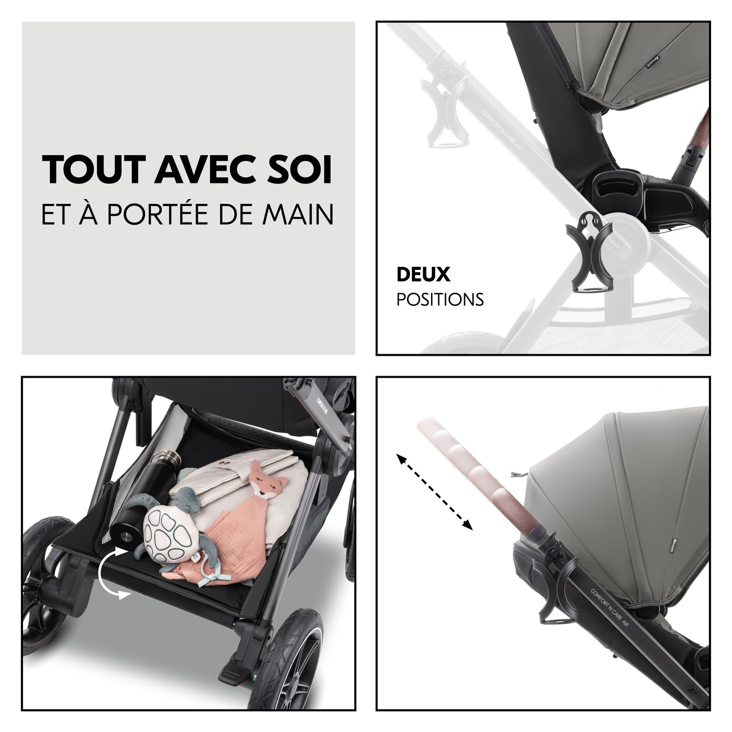 hauck Poussette 2 en 1 avec Pneus à Air Comfort N Care Air Set Dark Grey | De la naissance à 22 kg (4 ans), nacelle à boutons mémoire, siège réversible avec couvre-jambes, UPF 50+, adaptateurs cosy