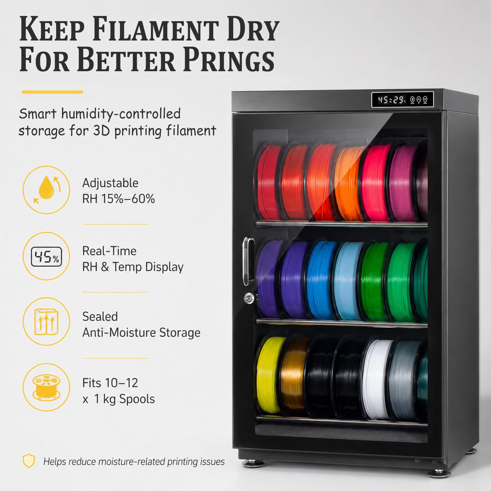 21-Spulen 3D-Drucker Filament-Trocknungsbox mit Intelligenter Feuchtigkeitskontrolle (RH15%-RH60%), Versiegelter Dehydrator für PLA, ABS, PETG, TPU, für Zuhause und Studio