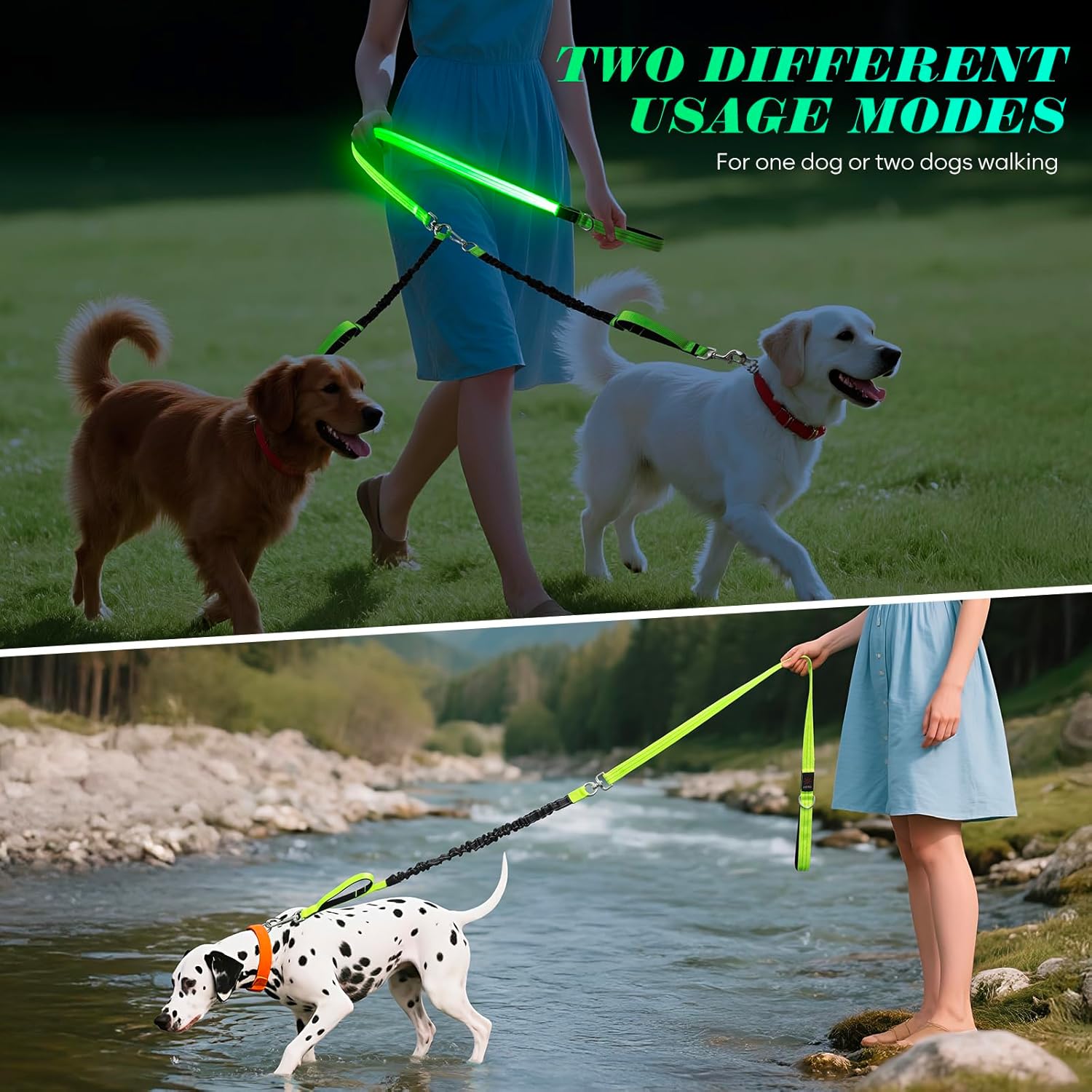 LED Double Dog Leash, No Tangle 360° Swivel Heavy Duty Dog Walking Leash with Two Padded Handles for Two Dogs (Green)