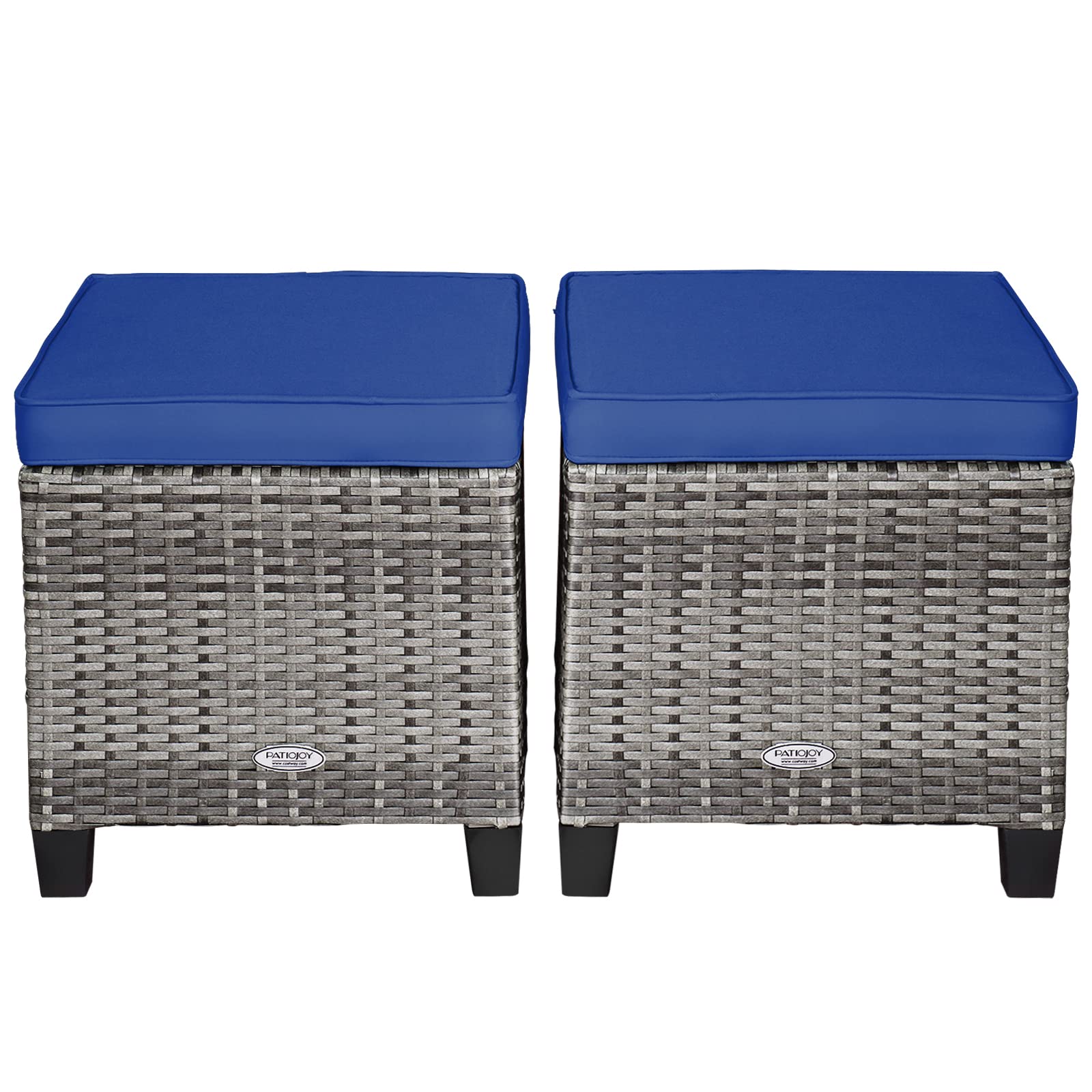 RELAX4LIFE 2-Piece Patio Rattan Ottomans - Outdoor Wicker Furniture w/ 2 Footrest Stools, Comfortable Cushions & Steel Metal Frame, All-Weather Patio Set for Backyard,Garden (Navy Blue)