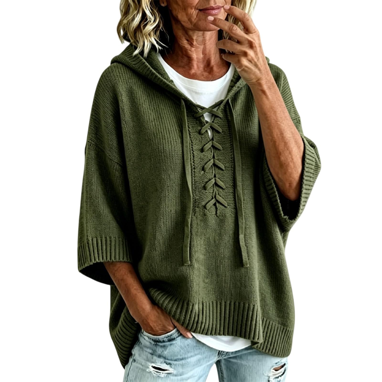 Generisch Sweat-shirt à capuche en coton pour femme - Surdimensionné - Pull décontracté - Couleur unie - Élégant - En tricot - Avec capuche - Confortable - Manches 3/4 - Chaud