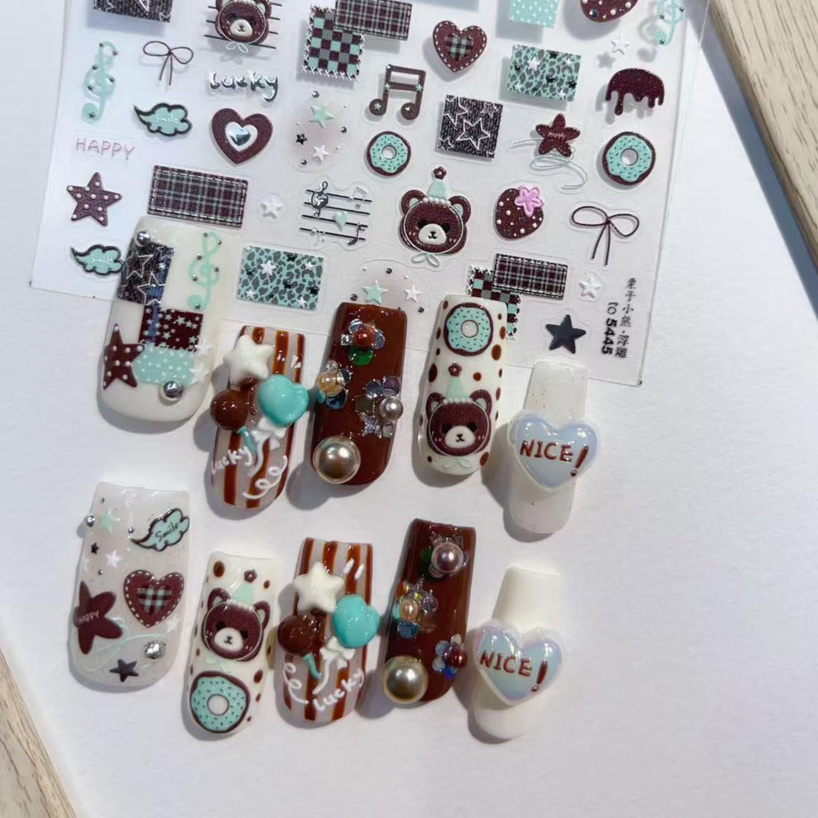 Chestnut Bear Nail Stickers 5D Embossed Nail Art Decal Cartoon Nail Charms