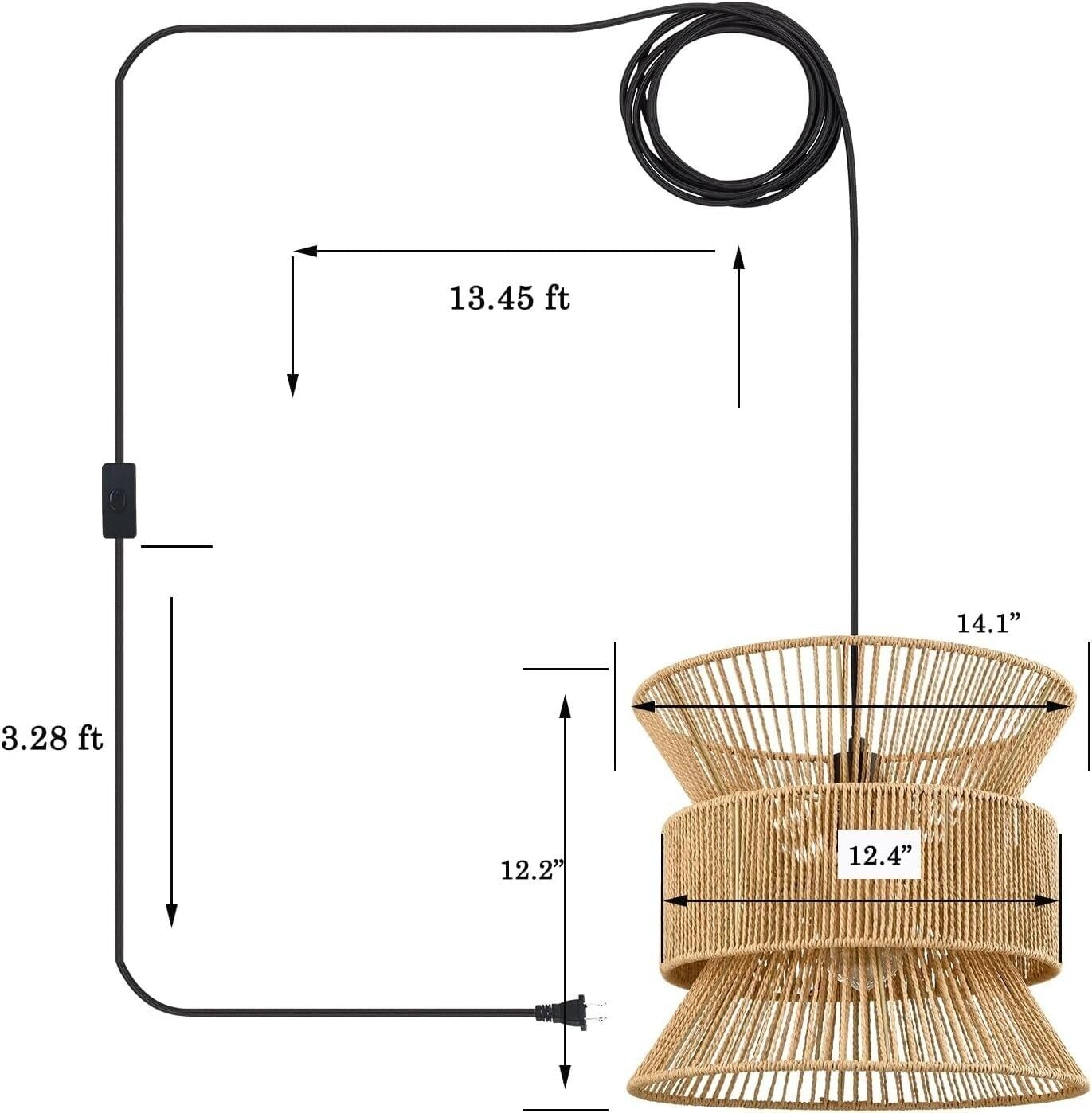 Lampa Wisząca Z Wtyczką, Rattanowe Lampy Wiszące Z Przewodem Wtykowym, Lampy Wiszące W Stylu Boho, Liny Konopne Z Wiklinowego Kosza Na Farmę Klosz Lampy, Oprawa Oświetleniowa Do Sypialni,Salonu,Kuchni