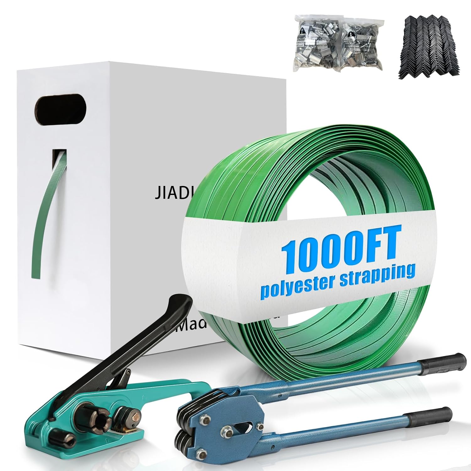 Heavy Duty Banding Strapping kit Contain 5/8"x 1000' Polyester (PET) Packaging Straps & 200 Metal Seals 100 Plastic Edge Protectors Tensioner with Cutter Sealer Tool