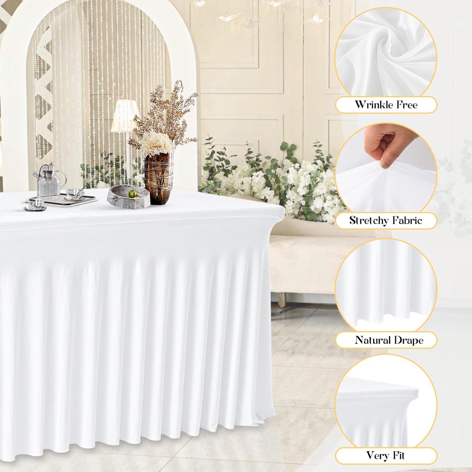 2 Pack White Rectangle Tablecloths, Washable Stretch Fitted Spandex Table Covers for 6FT Tables, Wrinkle-Free & Reusable Table Cloths,Ideal for Parties, Banquets, Wedding, Buffet,Events