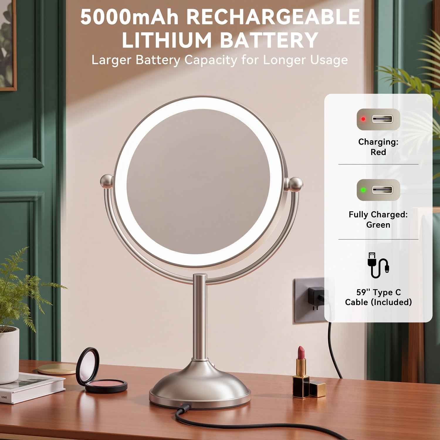 Auxmir Espejo de aumento de 9 pulgadas, 5000 mAh, espejo de maquillaje iluminado de 9 pulgadas 1X/30X | Batería recargable, 3 colores regulables, rotación de 360°, base estable, níquel cepillado, aumento de 30X con 2 pinzas