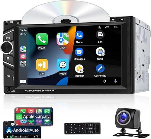 Estéreo de coche con pantalla táctil doble DIN con reproductor de CDDVD CarPlay Android Auto radio de coche de 62 pulgadas control de volante