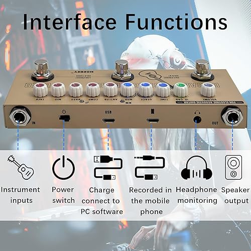 Miniatura 2 de HOEREV Pedal de guitarra multiefectos, retardo, fase de reverberación, coro, distorsión, sintonizador de sobremarcha, pedal de efectos múltiples