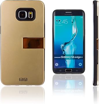 Hard Plastic Case for Samsung Galaxy S6 Edge Plus. Glossy Dual Layer Protective Cover with Kickstand and Credit/Business Card Secret Slot. Golden Color