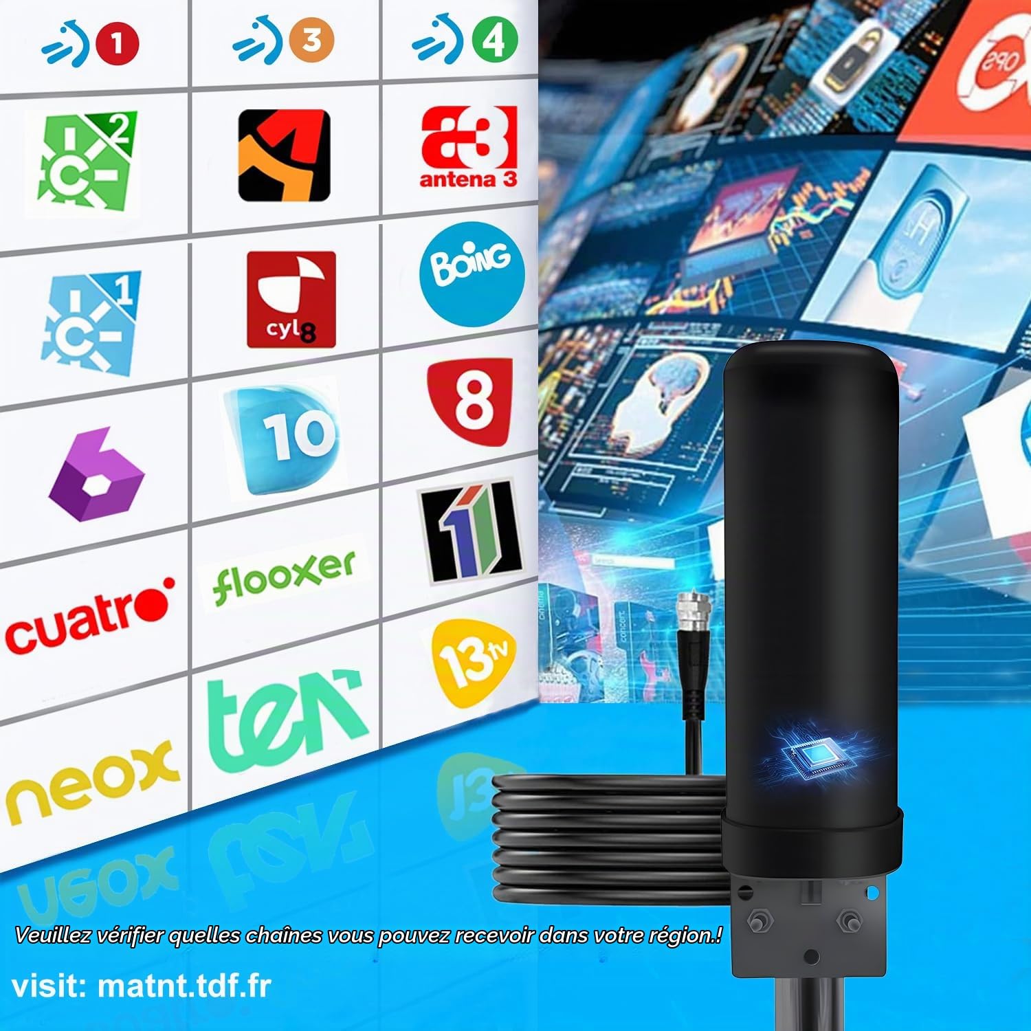 Antenne TV Puissante, Antenne TNT Antifoudre Réception 360° à Câble 13m | Intérieur Extérieure, Amplificateur Signal Booster Intégré, DVB-T DVB-T2 1080P 4K VHF UHF DTMB