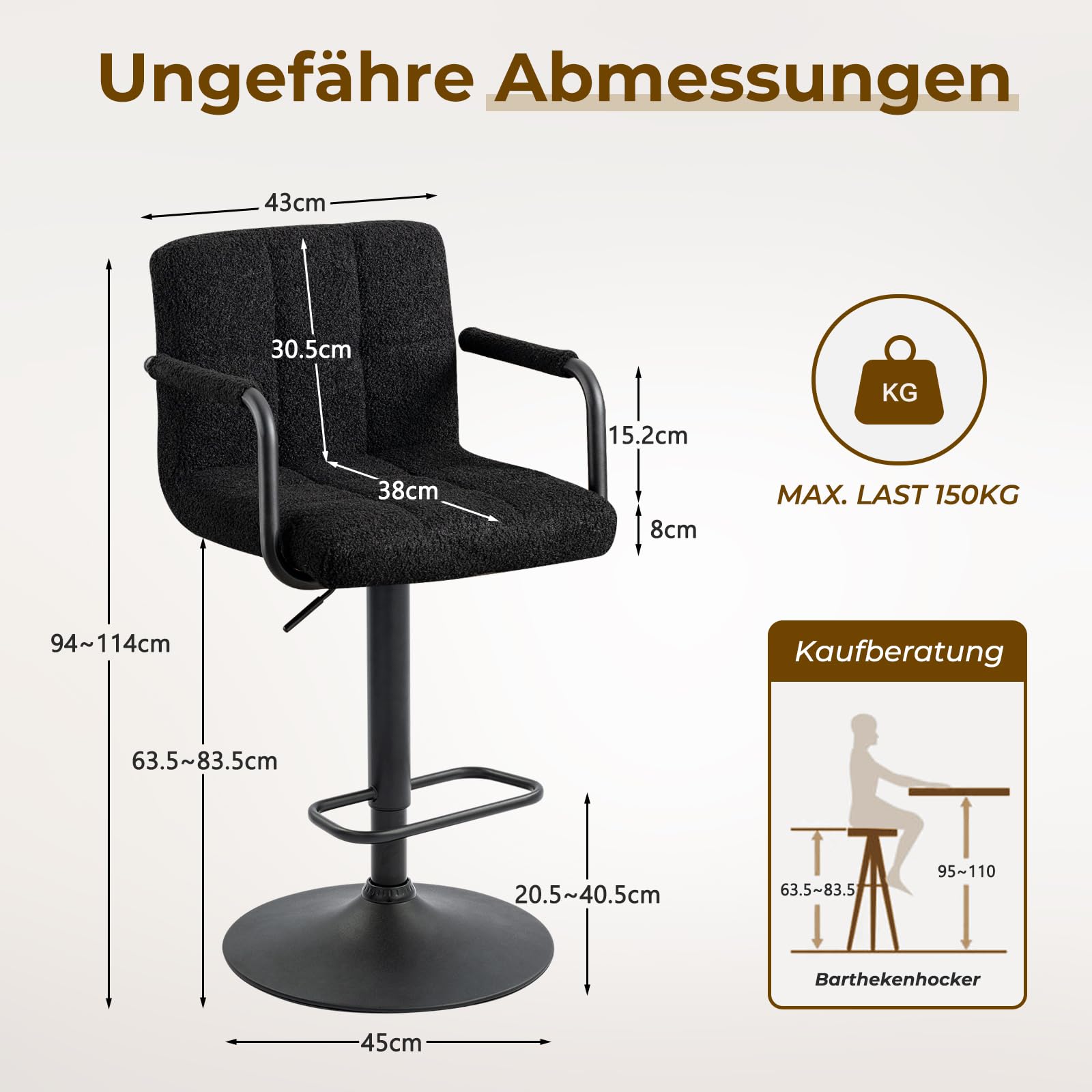 Barhocker 2er-Set, Höhenverstellbarer Barstuhl 360° Drehstuhl Küchenstuhl, Barhocker mit Lehne und Armlehne, Verstellbarer Hydraulische Hocker für Küche und Esszimmer, Kunstfell Schwarz