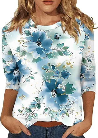 HTHLVMD Womens 3/4 Length Sleeve Tops 2025 Fall Fashion Floral Print Crewneck Causal Trendy Tunic Tops for Women