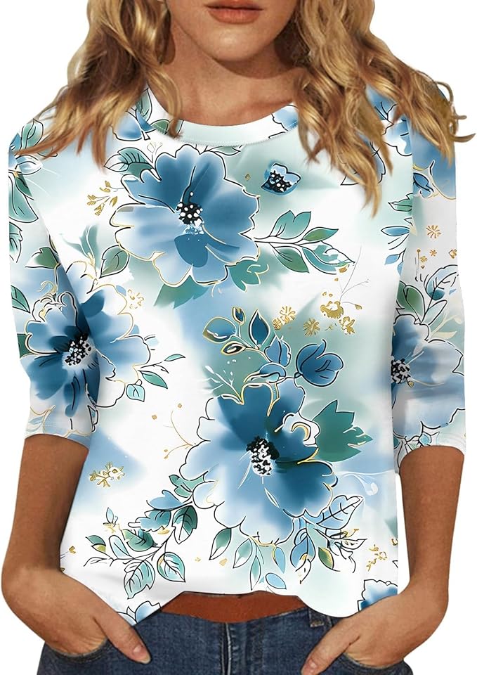 HTHLVMD Womens 3/4 Length Sleeve Tops 2025 Fall Fashion Floral Print Crewneck Causal Trendy Tunic Tops for Women