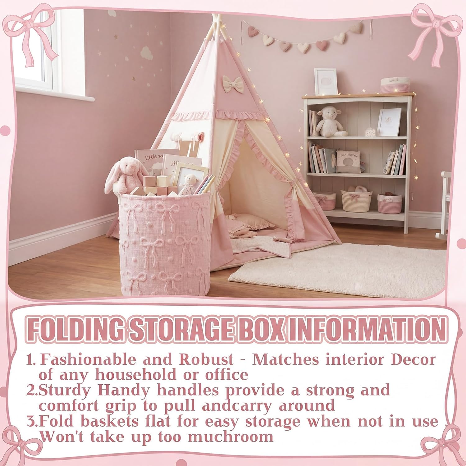 Blushtier Pink Bow Laundry Hamper Girls Room Decor Bow Plush Faux Fur Basket Kids Large Storage Basket Collapsible Organize Bins for Gifts Toys Blanket Clothes Nursery Bedroom