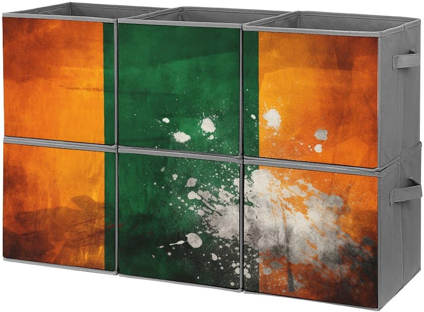 Multi Use Organizer Bins, Orange And Green Pattern Printed Storage Bins, Foldable Storage Baskets Are Suitable For Bedrooms, Offices, And Cars