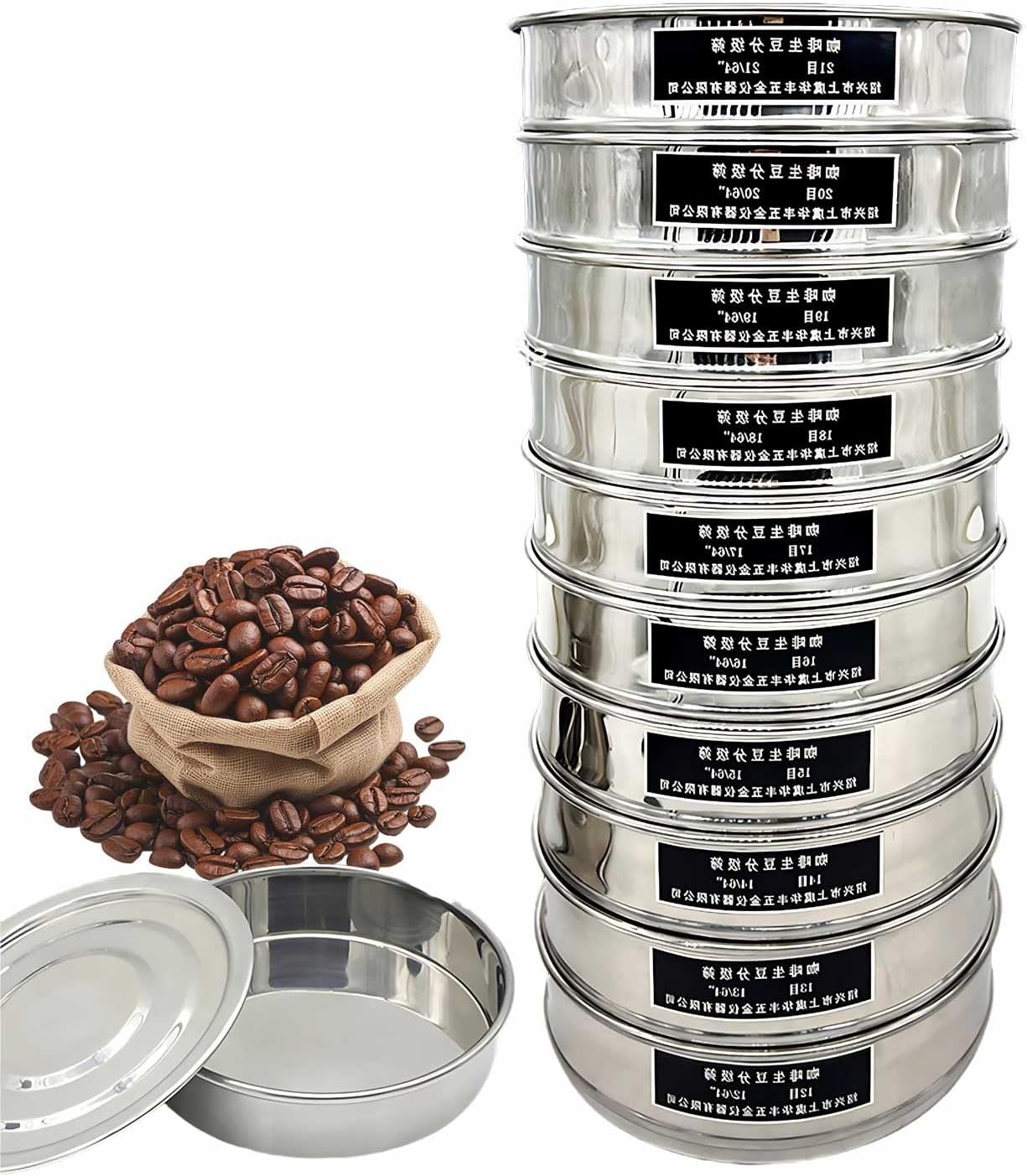 Professional Coffee Grading Sieve Set, 304 Stainless Steel Green Coffee Bean Sorting Screens with 10 Layer 12-21 Mesh and Collection Tray for Roasting Analysis