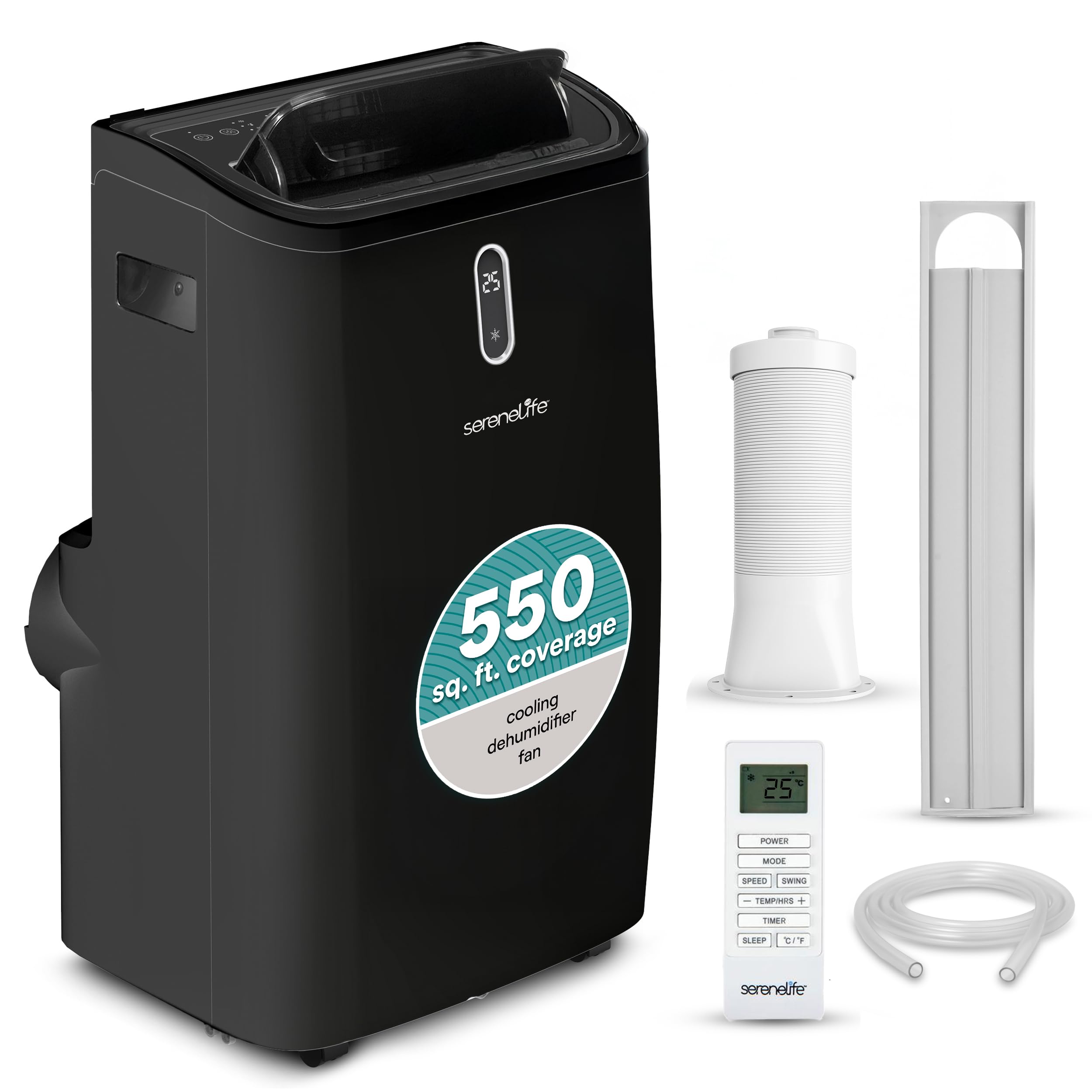 Photo 1 of SereneLife Portable Air Conditioner, 12000 BTU Capacity (ASHRAE) Compact Home A/C Cooling Unit with Dehumidifier and Fan Modes, 380 Sq. Ft. Coverage, Includes Window Mount Kit (Black)