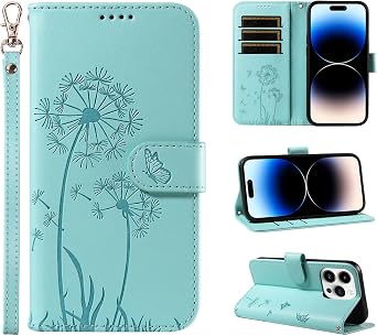 Leather Wallet Flip Case for Samsung Galaxy Note 10 Lite, Dandelion Embossed Design, Card Slots, Wrist Strap Green.