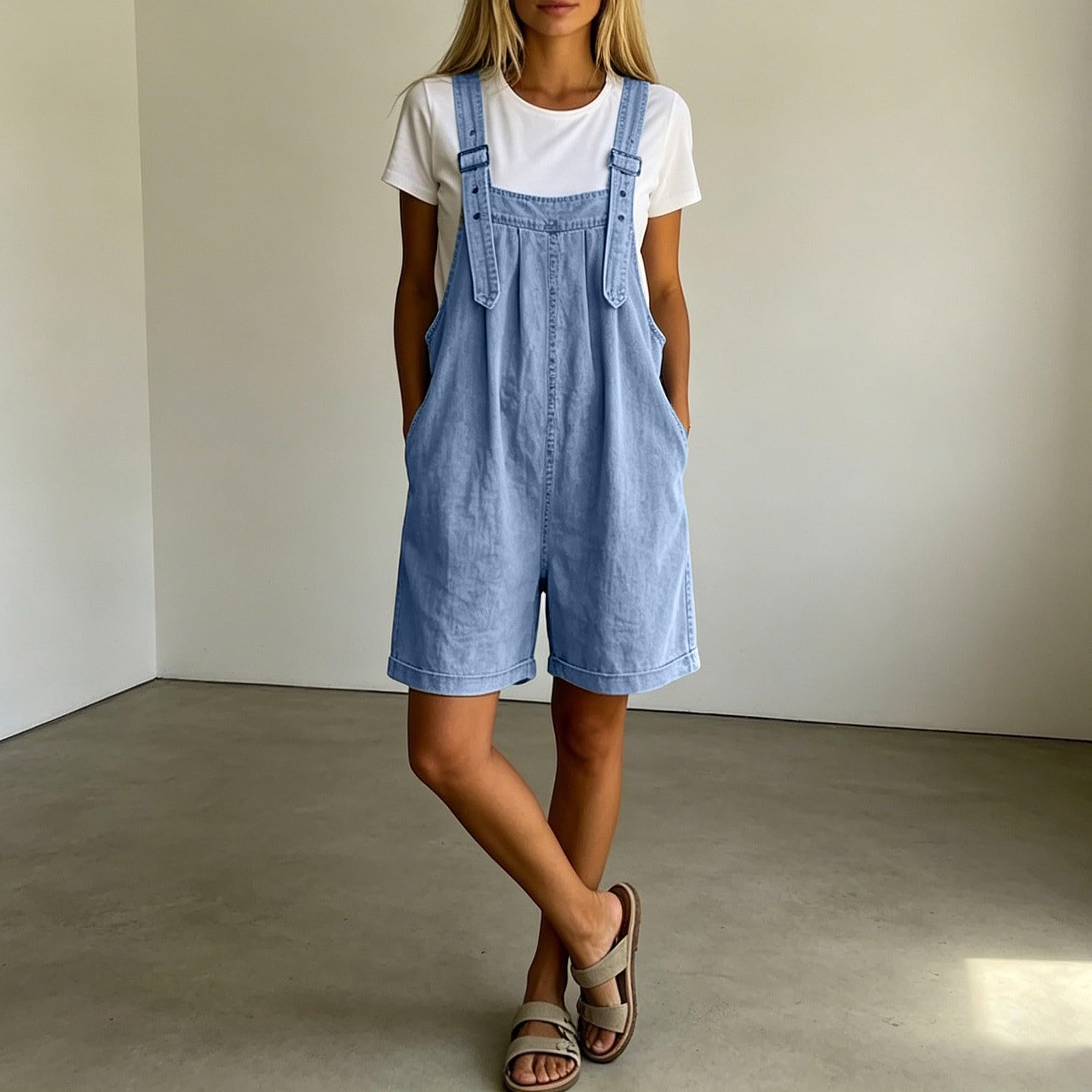 Salopette corta da donna, oversize, in jeans, elasticizzata, estiva, elegante, leggera, estiva, stile anni '90