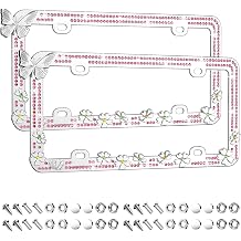 Valor 2 Pack License Plate Frames for Women Metal Embossed Pink Diamond Butterfly Flower Bling Crystals Glitter Rhinestone Car License Plate Holder, 4 Holes Zinc Alloy Frame with Anti Theft Screw Caps