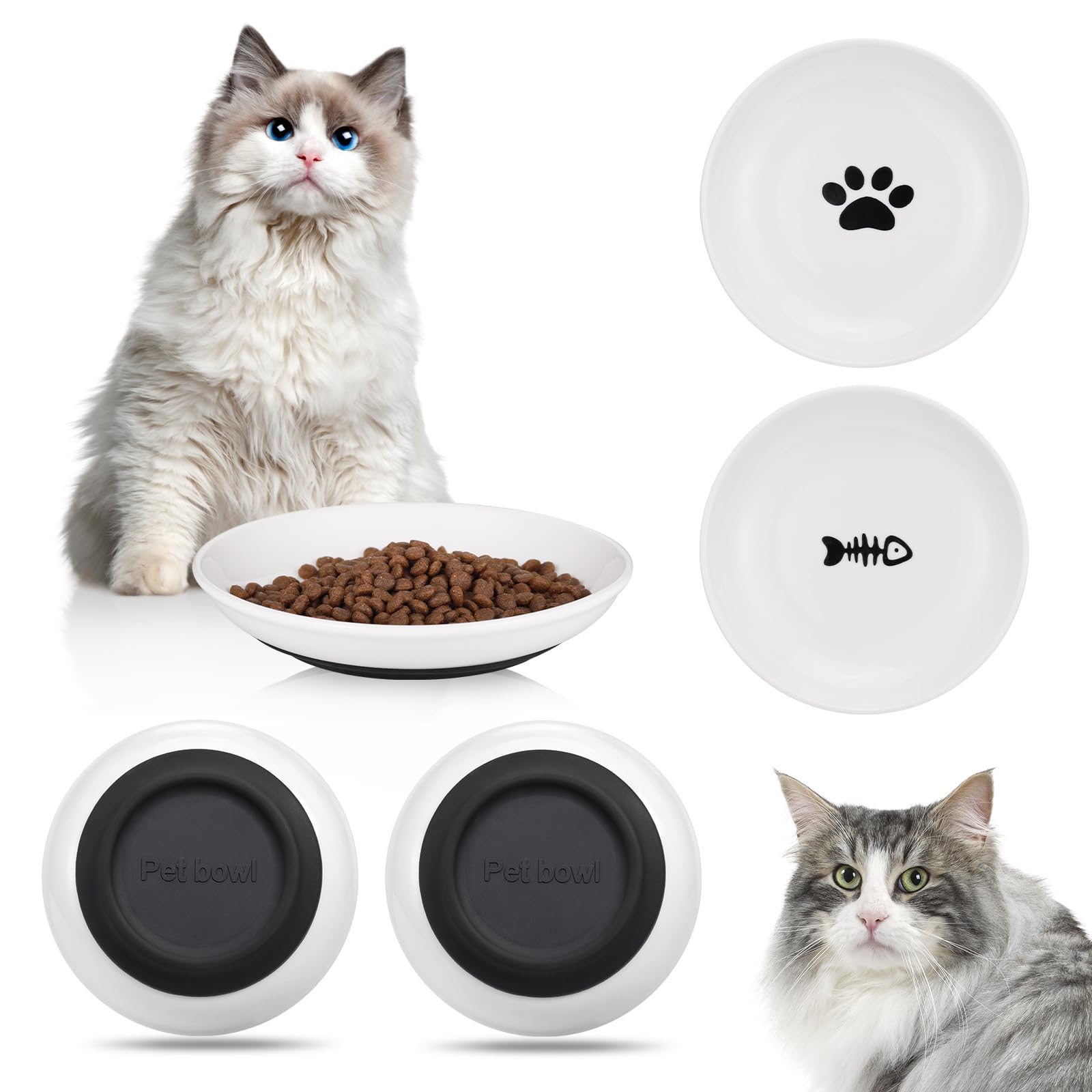Hejo 2 Piezas Comedero para Gatos, Comedero Gato Ceramica Antideslizante, Cuencos Plano, Glato Gato para Aliviar la Fatiga de los Bigotes, para Gatos Perros Pequeño y Mascotas