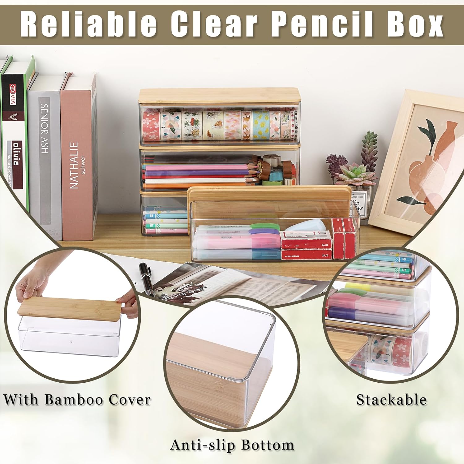 BTSKY 4 Pack Clear Pencil Box with Bamboo Lids, Stackable Office Supplies Storage Containers, Hard Plastic Pencil Case for Organizing Gel Pens Erasers Tape Pens Pencils Markers Crayons etc