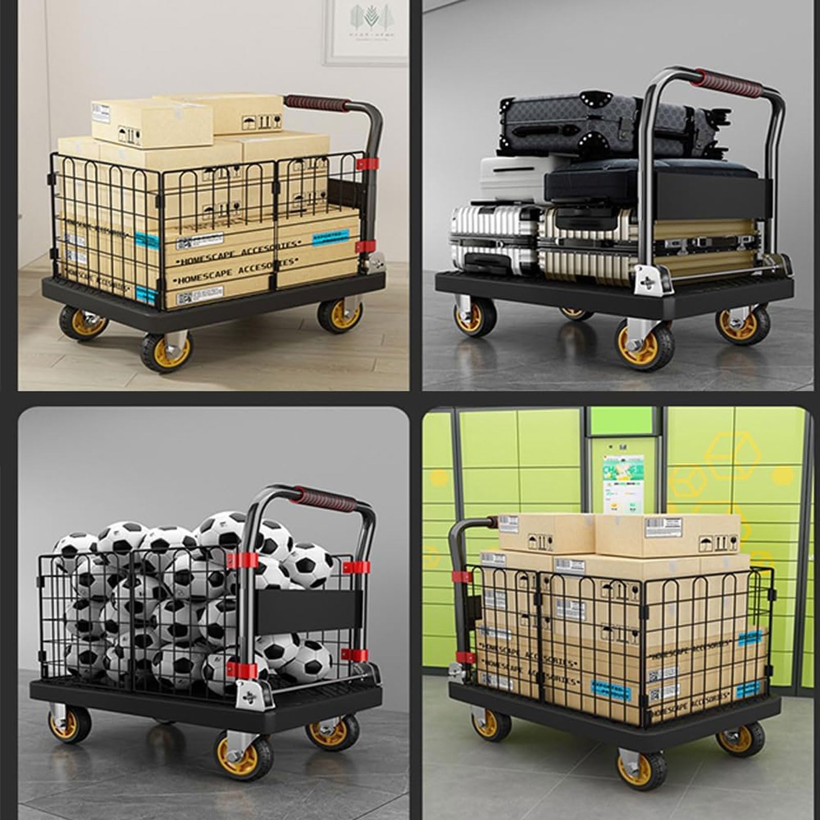 Carro de plataforma con jaula extraíble, 199.6 kg/299.4 kg Dolly resistente con ruedas giratorias, placa de presión gruesa, para fábricas, almacenes, logística
