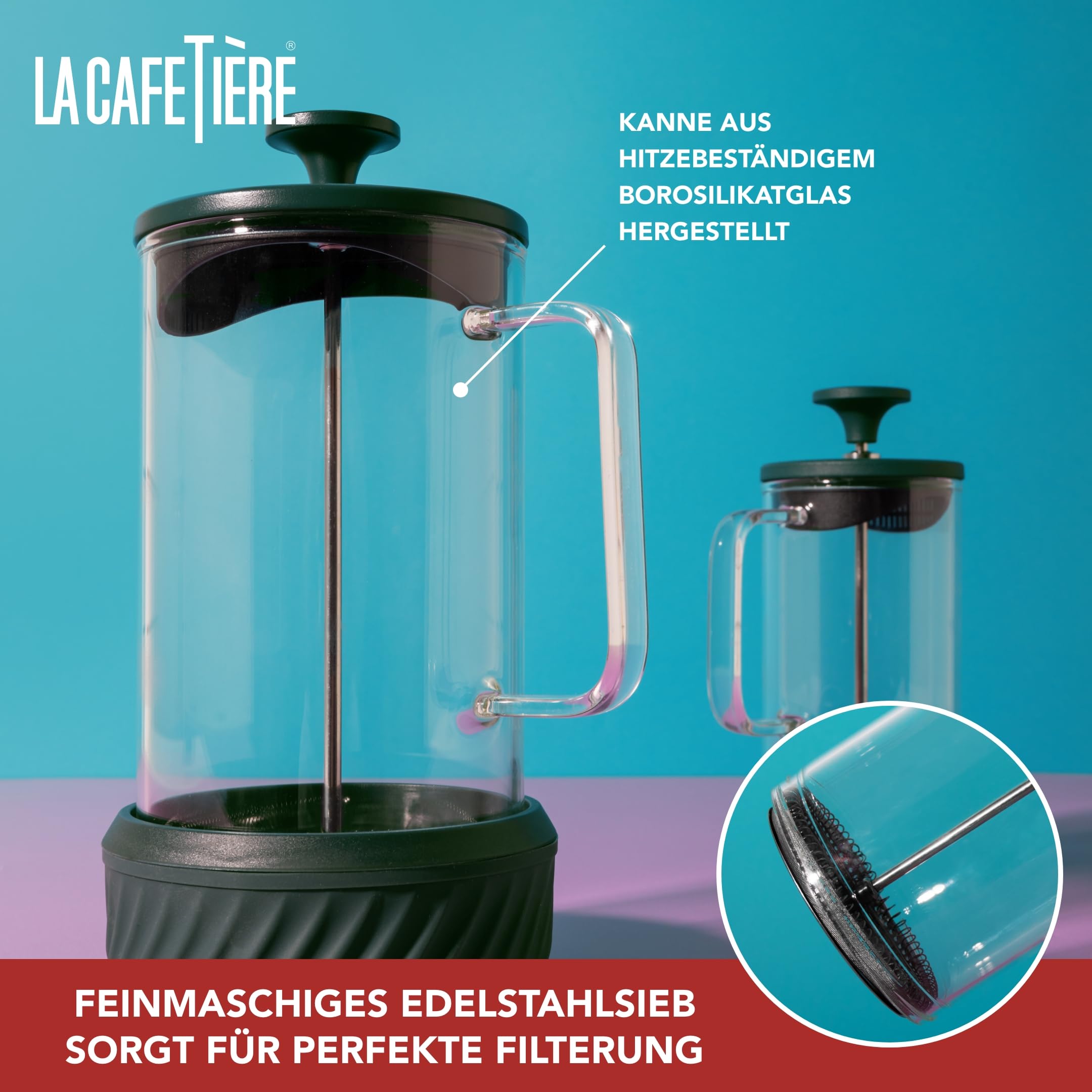 La Cafetière 'Zero' 8 Tassen Cafetière, grüner Edelstahl No Mess French Press mit Borosilikatglasbecher, abnehmbarer Boden zur Kaffeesatzentsorgung, in Geschenkverpackung, 1L