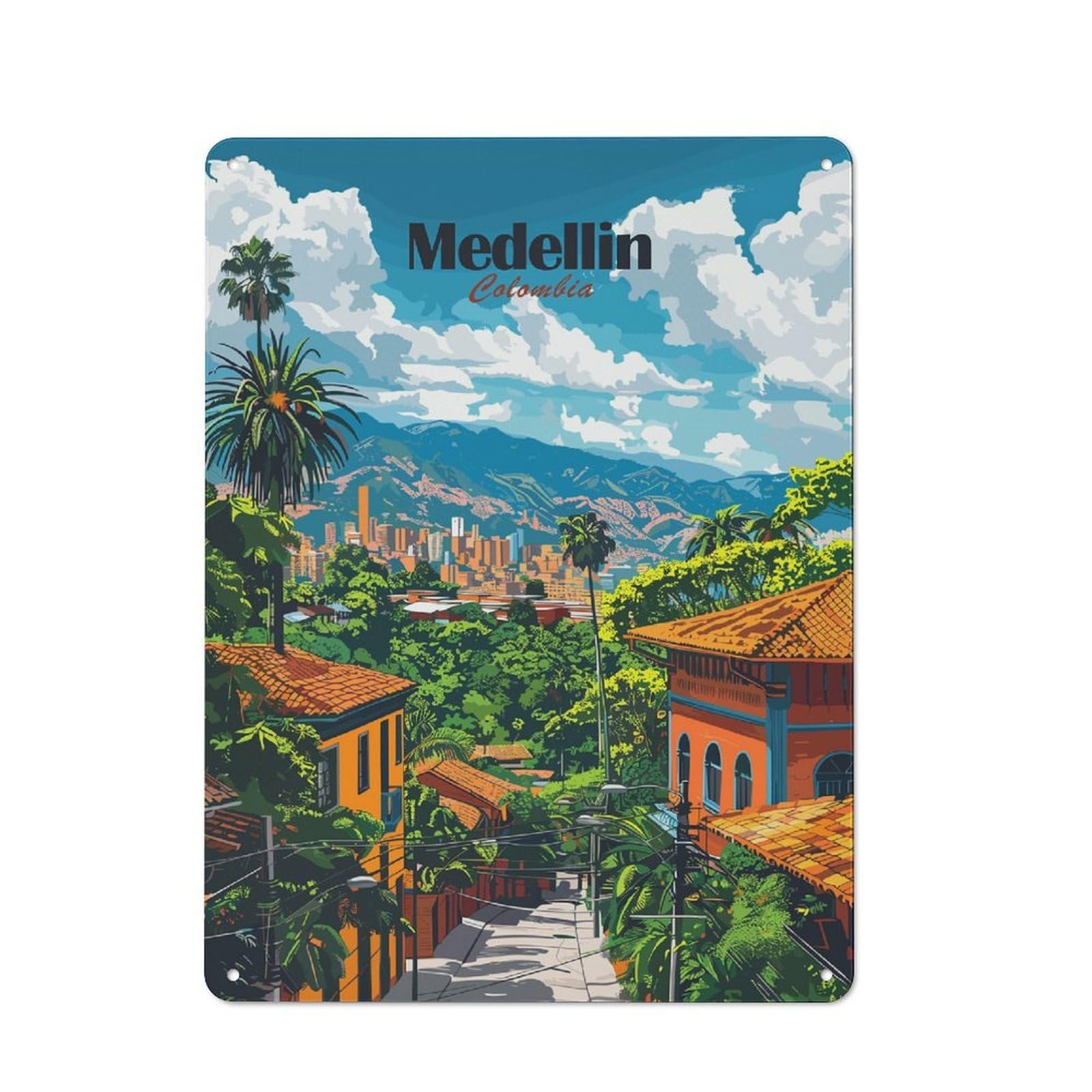 Medellin Cityscape Modern Vintage Metal Wall Decor 40x30cm, Office Metal Sign for Office, Study, Studio Or Hallway
