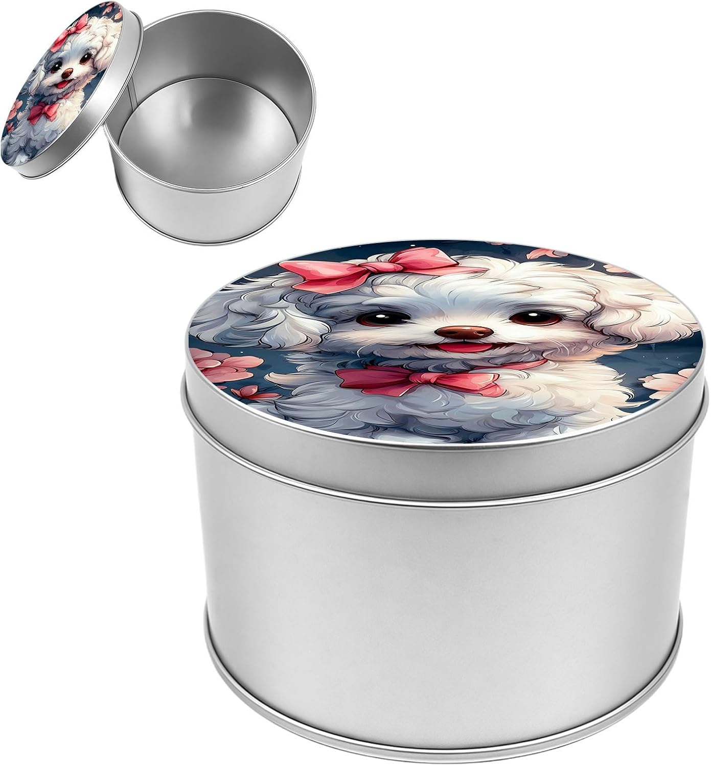 Decorative Round Metal Tin Box, White Puppy with Pink Bows Flower Small Storage Container with Lid for Jewelry, Candy, Crafts & Travel, 3.54"x2.36" Aesthetic Keepsake Gift Box
