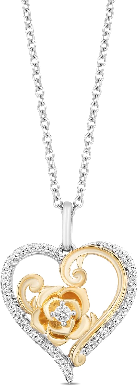 Jewelili Enchanted Disney Fine Jewelry 10K Yellow Gold and Sterling Silver 1/5 Cttw Natural White Round Diamond Belle 30th Heart Pendant Necklace, 18" Cable Chain